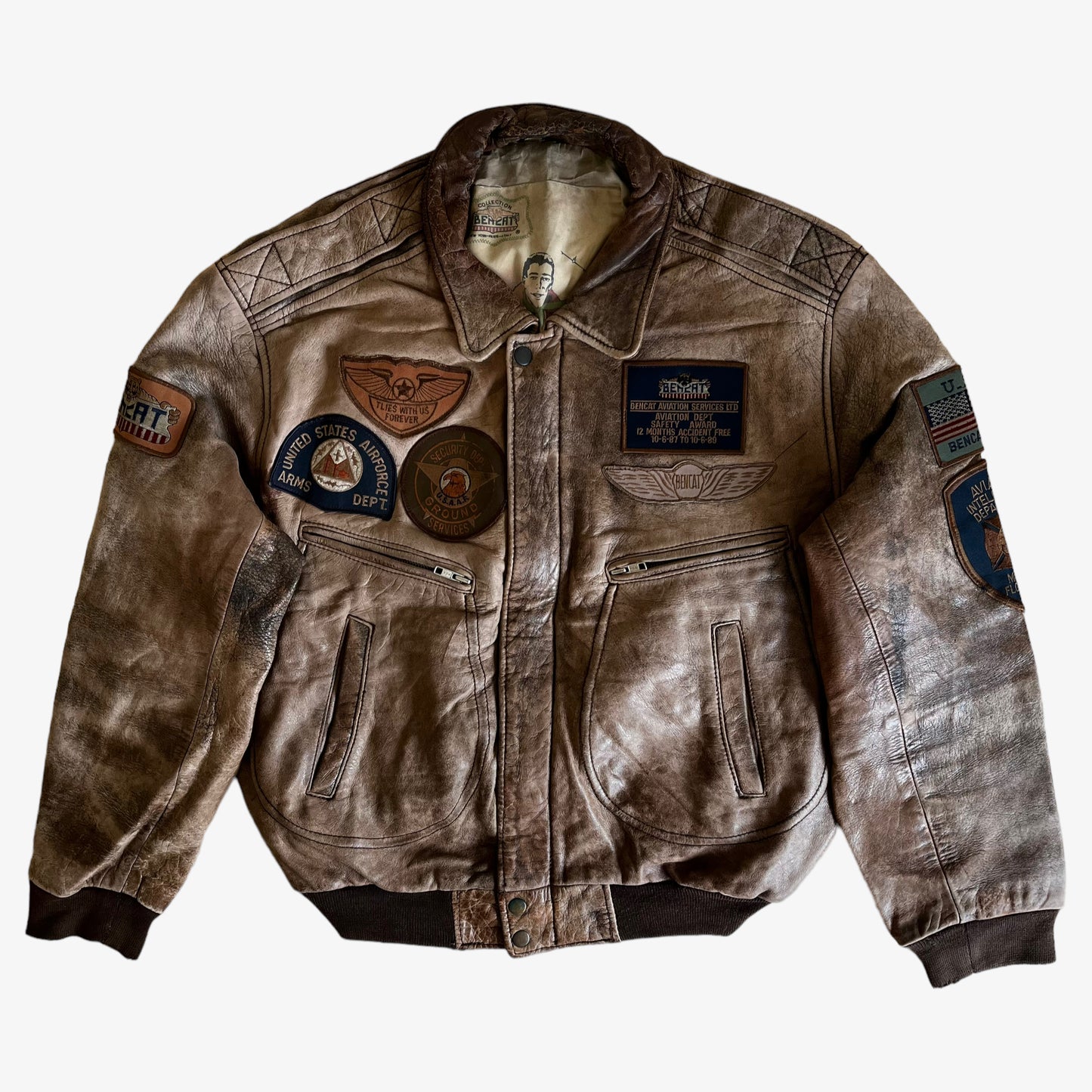 Vintage 1989 Bencat Aviation Service Brown Leather Pilot Jacket - Casspios Dream