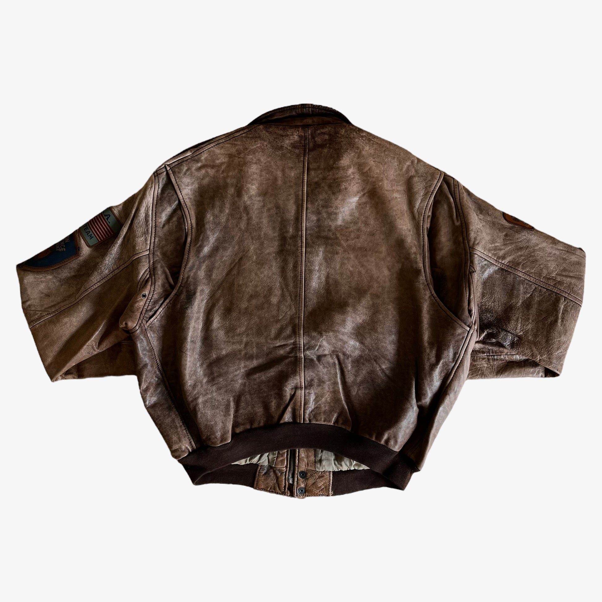 Vintage 1989 Bencat Aviation Service Brown Leather Pilot Jacket Back - Casspios Dream