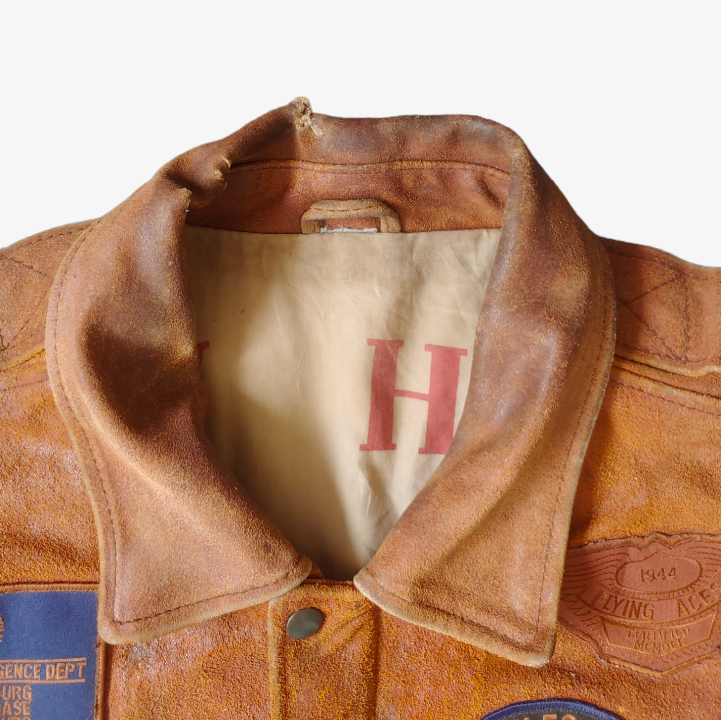 Vintage 1989 Chia Aviation Service Brown Leather Pilot Jacket Collar - Casspios Dream