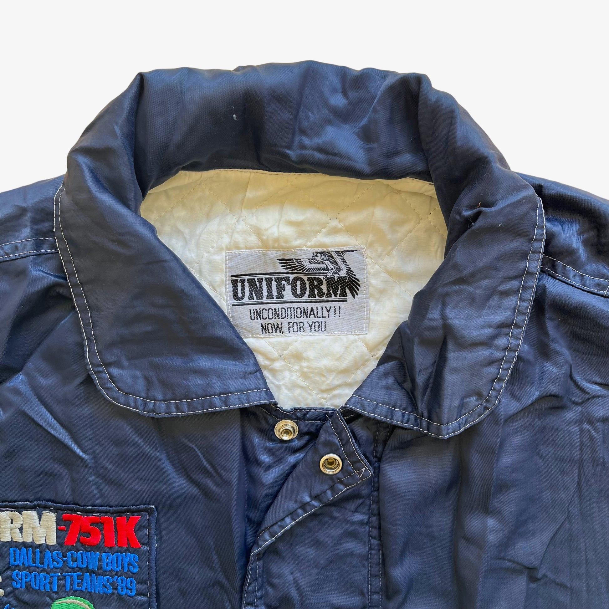 Vintage 1989 Uniform x Dallas Cowboys NFL Blue Satin Football Varsity Jacket Label - Casspios Dream