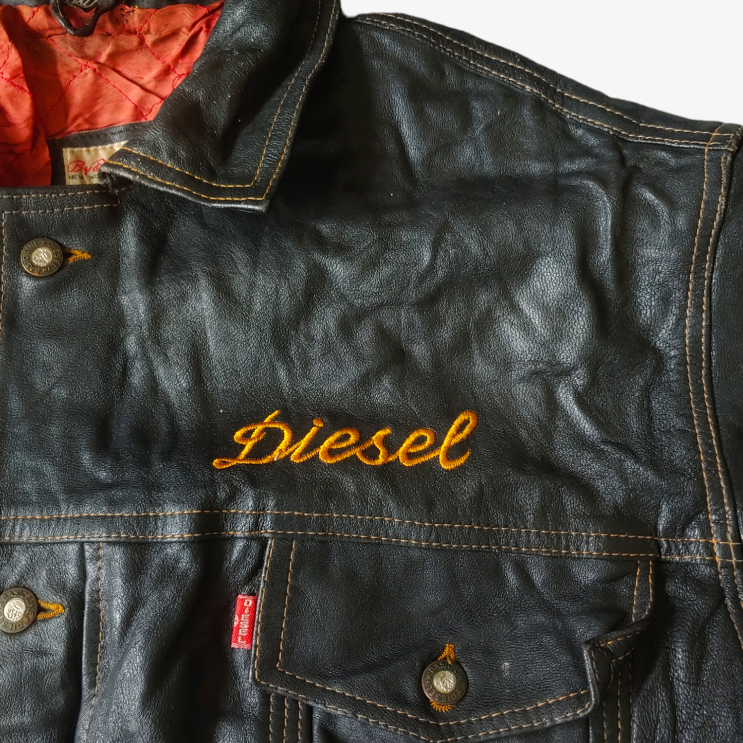 Vintage 1990s Diesel New World Basic Only The Brave Black Leather Trucker Jacket With Back Embroidered Face Logo Breast - Casspios Dream