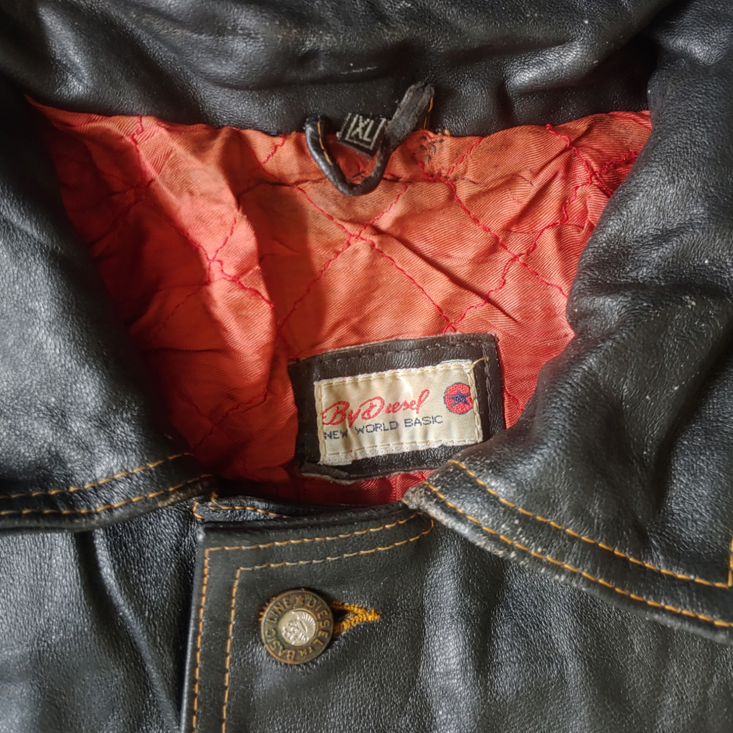 Vintage 1990s Diesel New World Basic Only The Brave Black Leather Trucker Jacket With Back Embroidered Face Logo Label - Casspios Dream