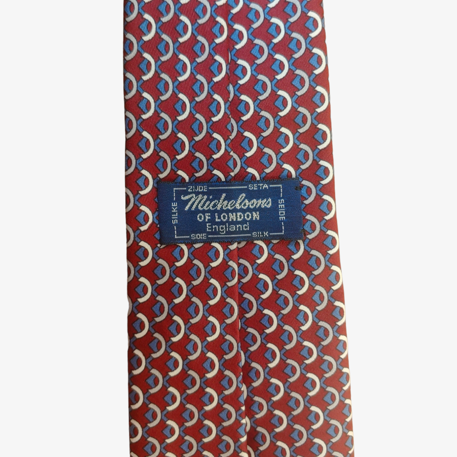 Vintage 1990s Michelsons Of London Abstract Geometric Red Silk Tie Label - Casspios Dream