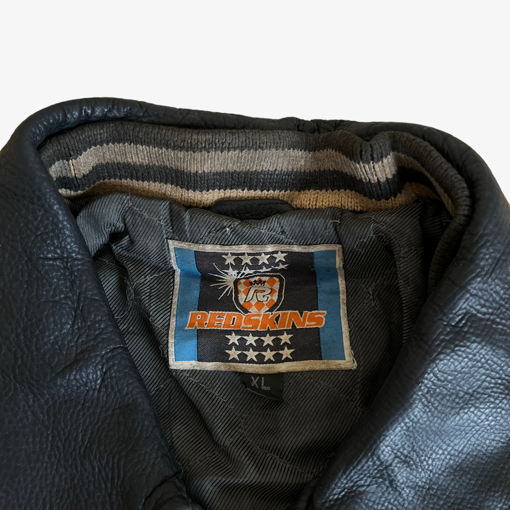 Vintage 1990s Redskins Black Leather Varsity Jacket Label - Casspios Dream