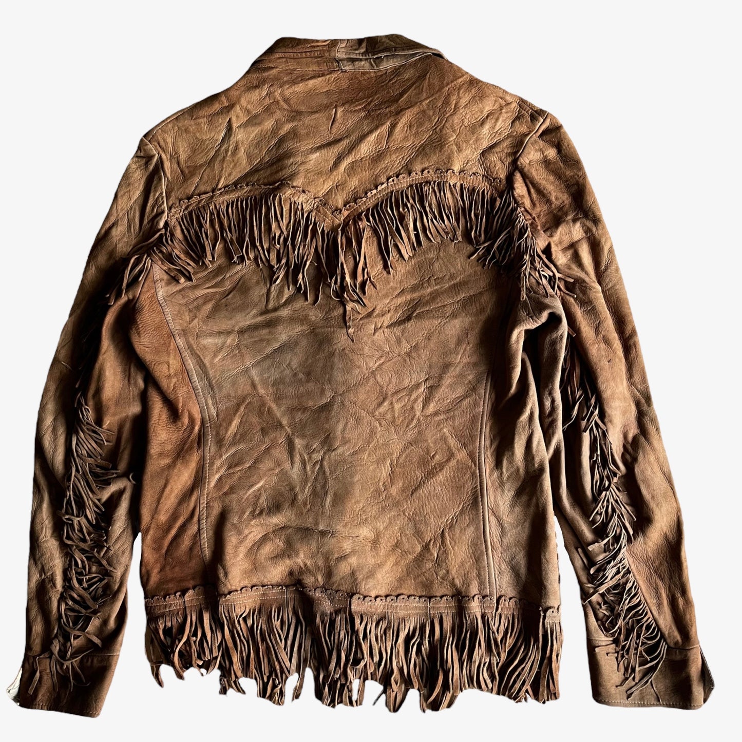Vintage 1990s Womens Brown Leather Tassel Fringe Jacket Back - Casspios Dream