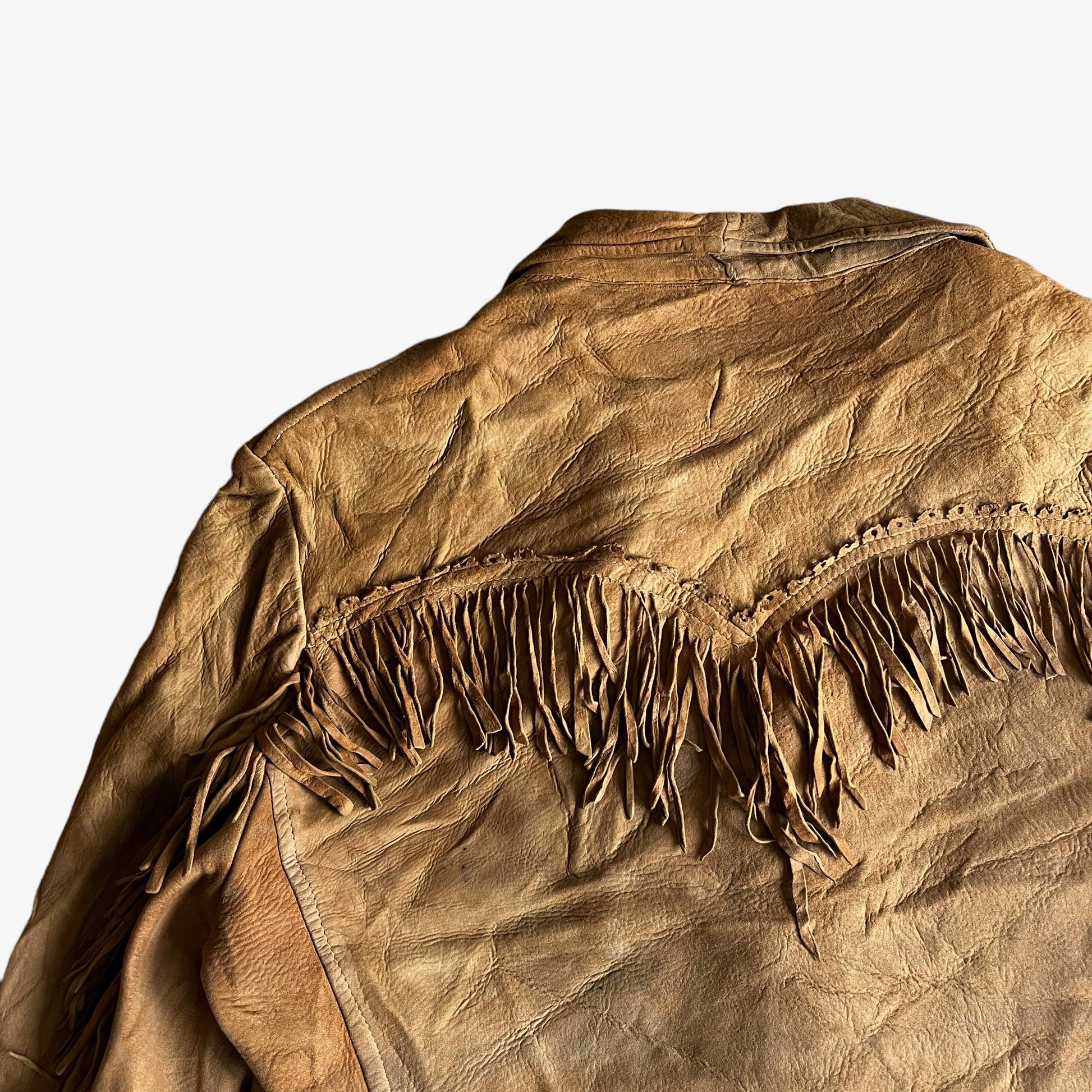 Vintage 1990s Womens Brown Leather Tassel Fringe Jacket Back Design - Casspios Dream