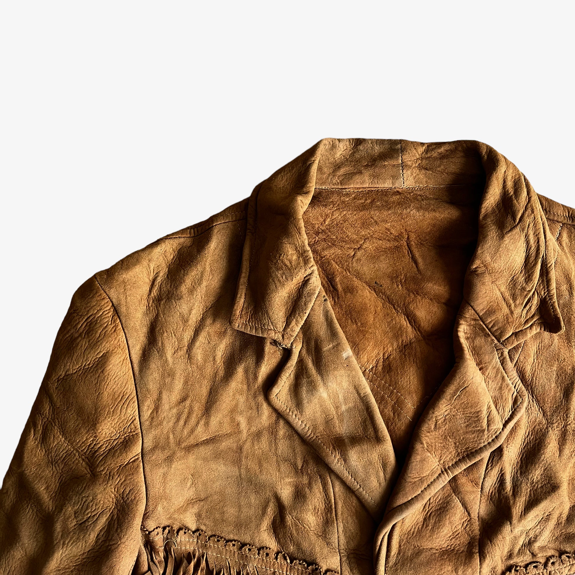 Vintage 1990s Womens Brown Leather Tassel Fringe Jacket Collar Wear - Casspios Dream