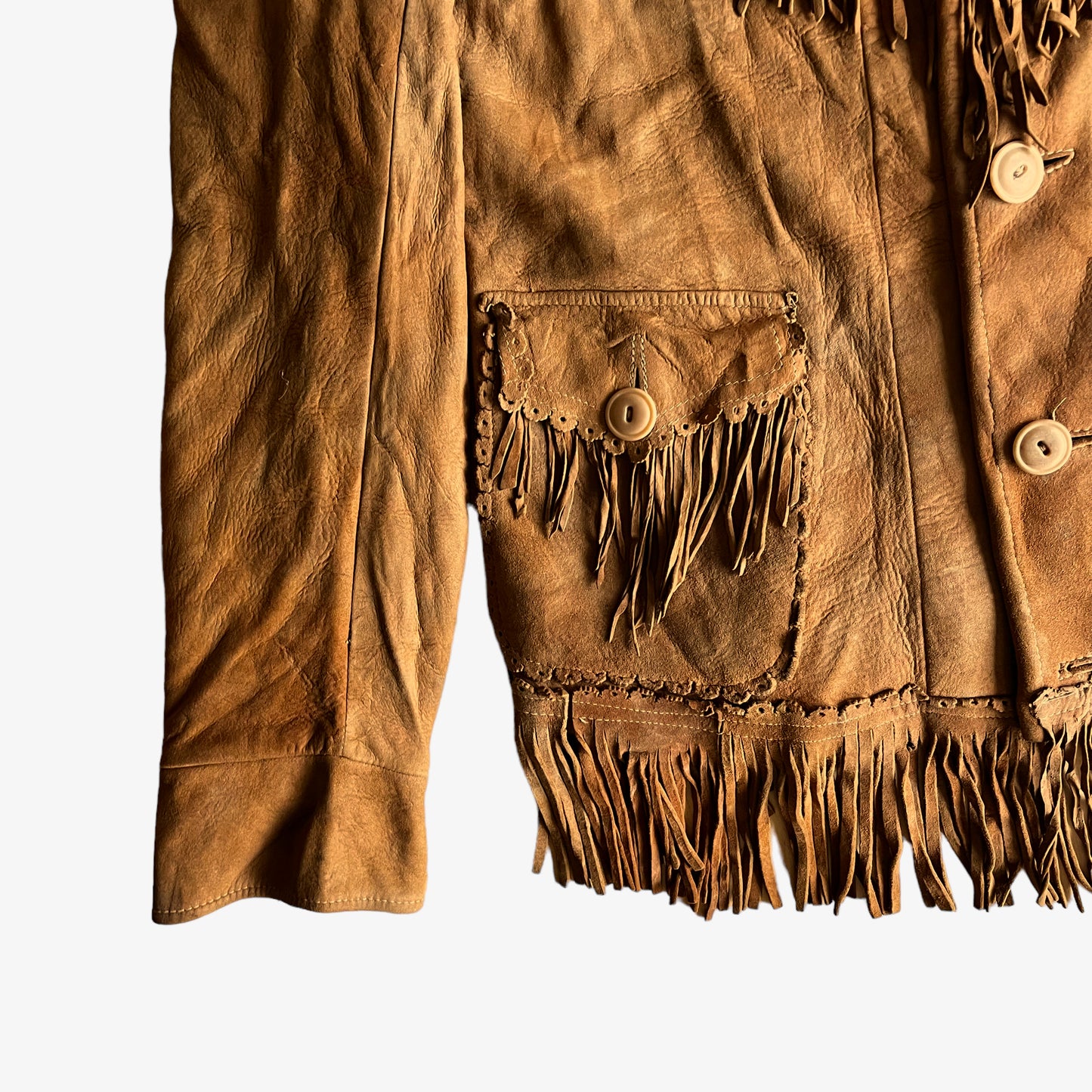 Vintage 1990s Womens Brown Leather Tassel Fringe Jacket Pocket - Casspios Dream