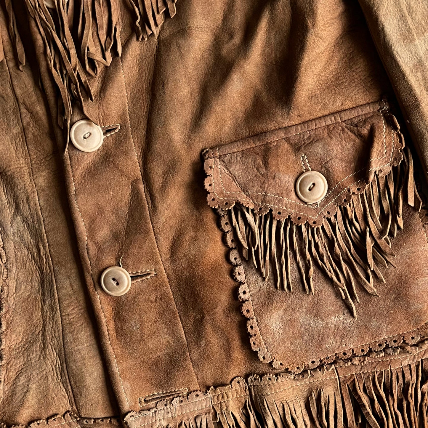 Vintage 1990s Womens Brown Leather Tassel Fringe Jacket Pocket Wear - Casspios Dream