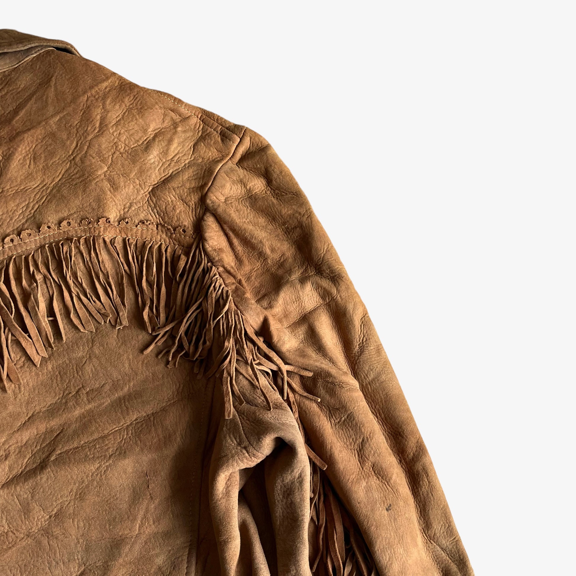 Vintage 1990s Womens Brown Leather Tassel Fringe Jacket Shoulder - Casspios Dream