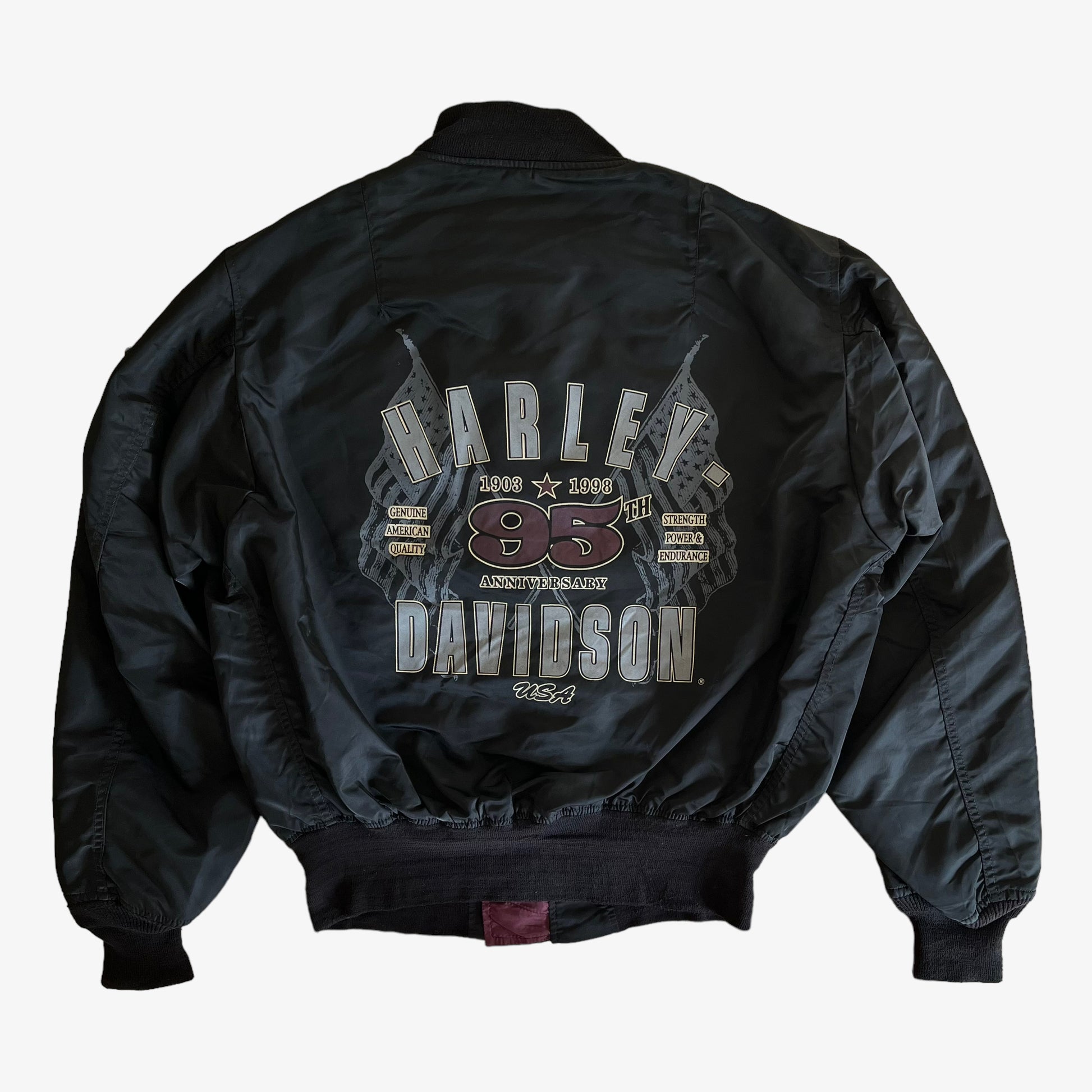 Vintage 1998 Harley Davidson 95th Anniversary Bomber Jacket With Back Spell Out Back - Casspios Dream