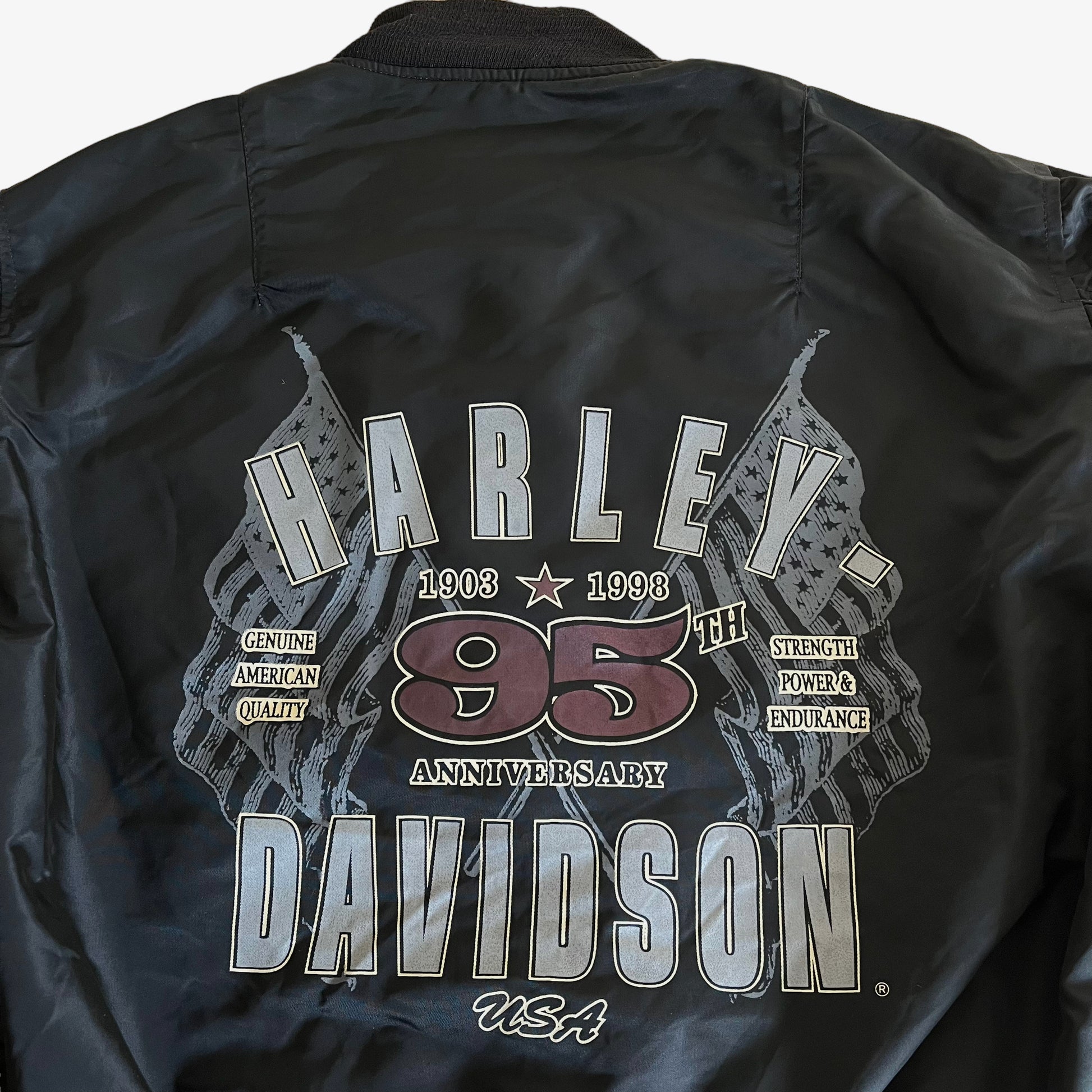 Vintage 1998 Harley Davidson 95th Anniversary Bomber Jacket With Back Spell Out Back Logo - Casspios Dream
