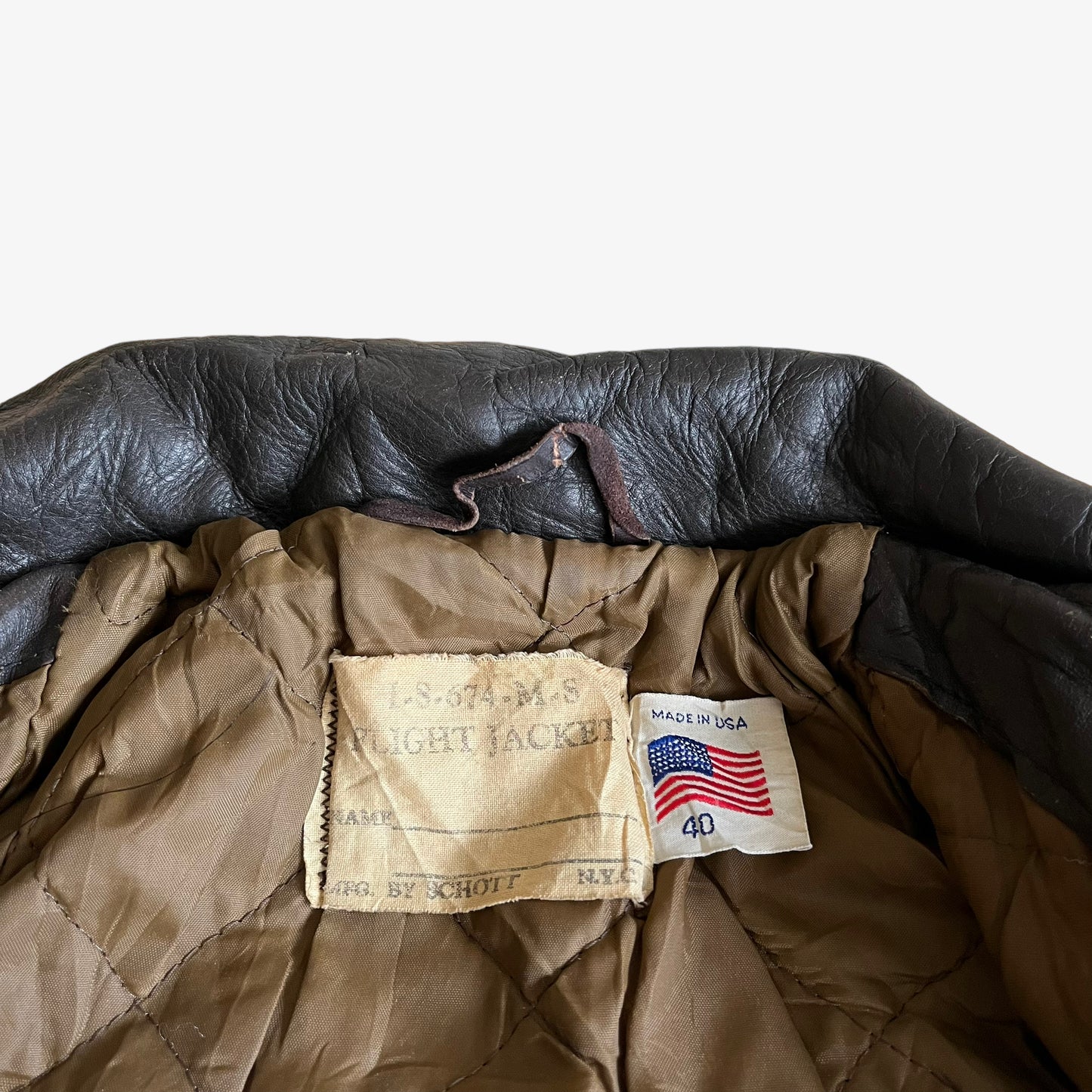 Vintage 70s Schott I-S-674-M-S Brown Leather Pilot Jacket Label - Casspios Dream