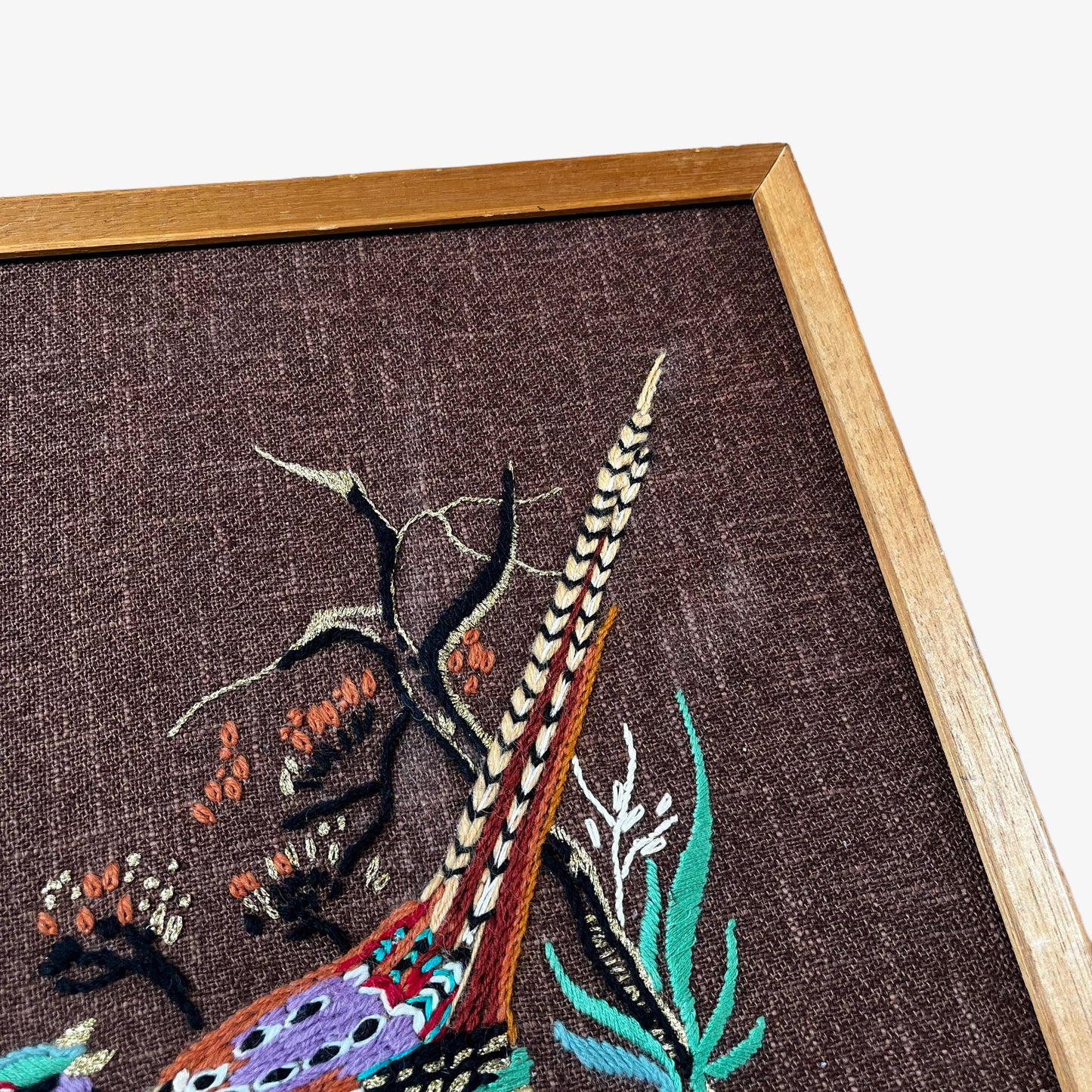  Vintage 70s Wooden Framed 1978 Peacock Cross Stitch Tapestry Wear - Casspios Dream