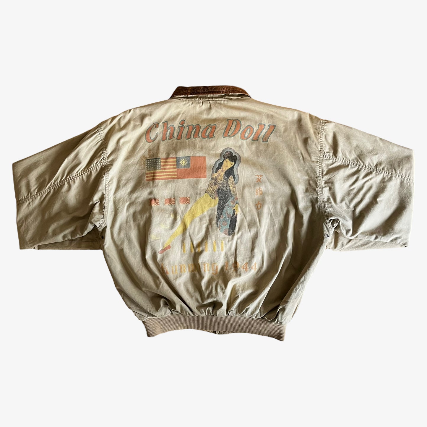 Vintage 80s AVIREX 1987 China Doll Kunming 1944 Back Graphic Pilot Bomber Jacket Back - Casspios Dream
