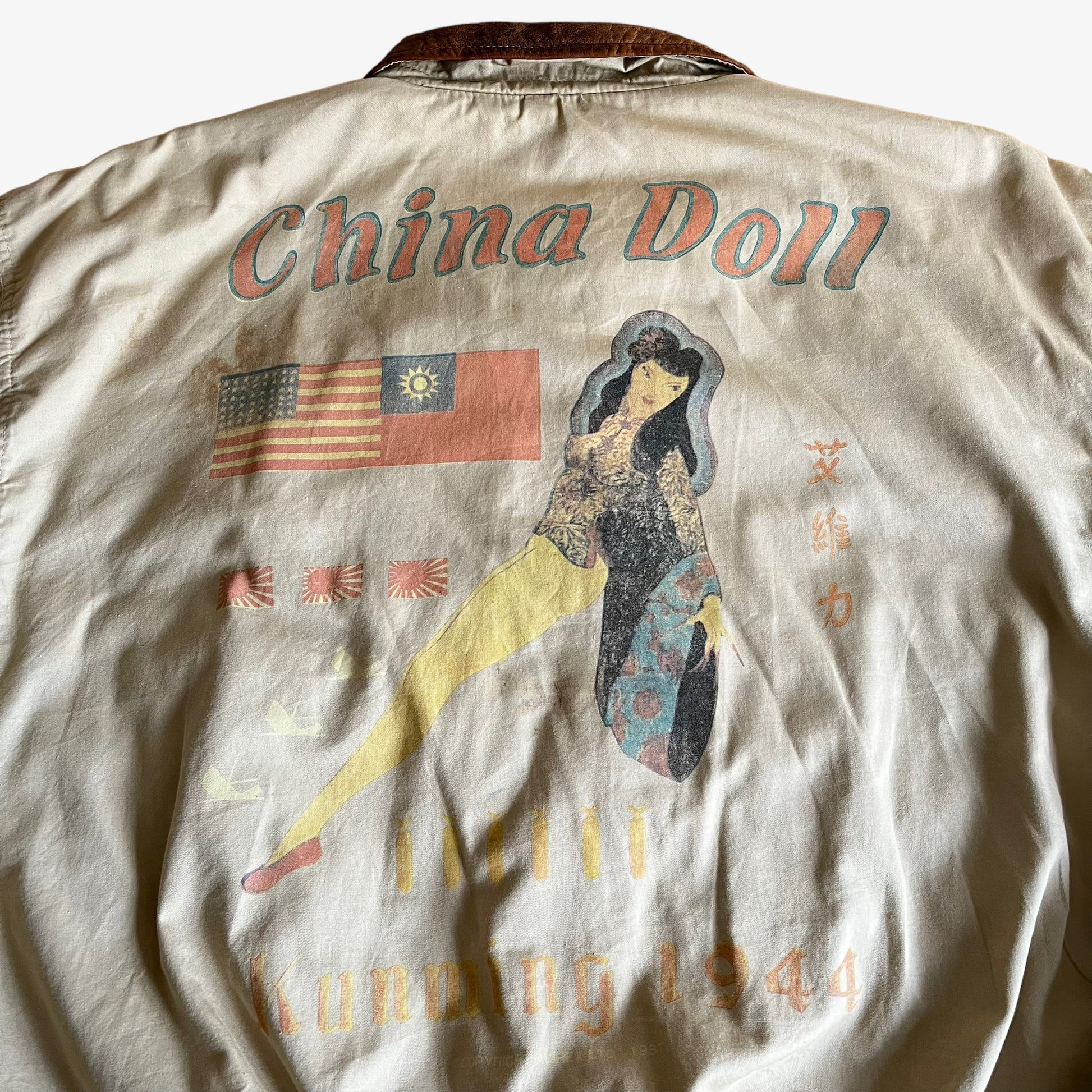 Vintage 80s AVIREX 1987 China Doll Kunming 1944 Back Graphic Pilot Bomber Jacket Pin Up Girl - Casspios Dream