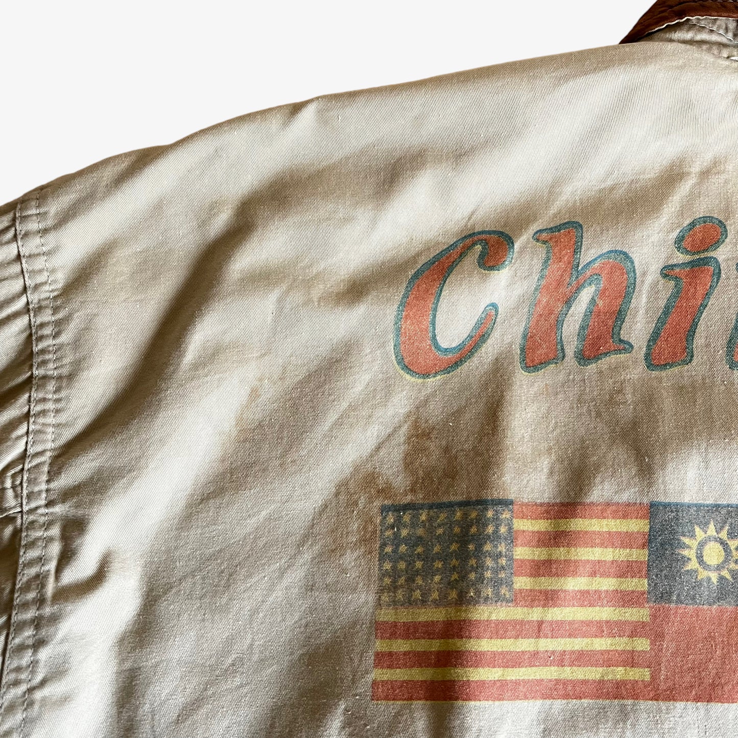 Vintage 80s AVIREX 1987 China Doll Kunming 1944 Back Graphic Pilot Bomber Jacket Shoulder - Casspios Dream