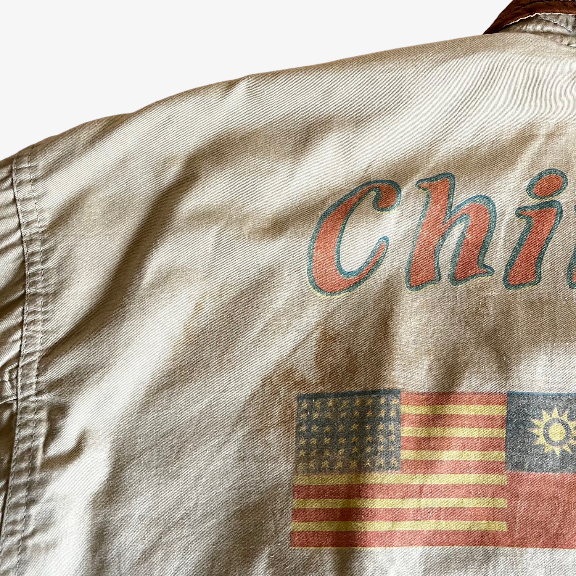 Vintage 80s AVIREX 1987 China Doll Kunming 1944 Back Graphic Pilot Bomber Jacket Shoulder - Casspios Dream