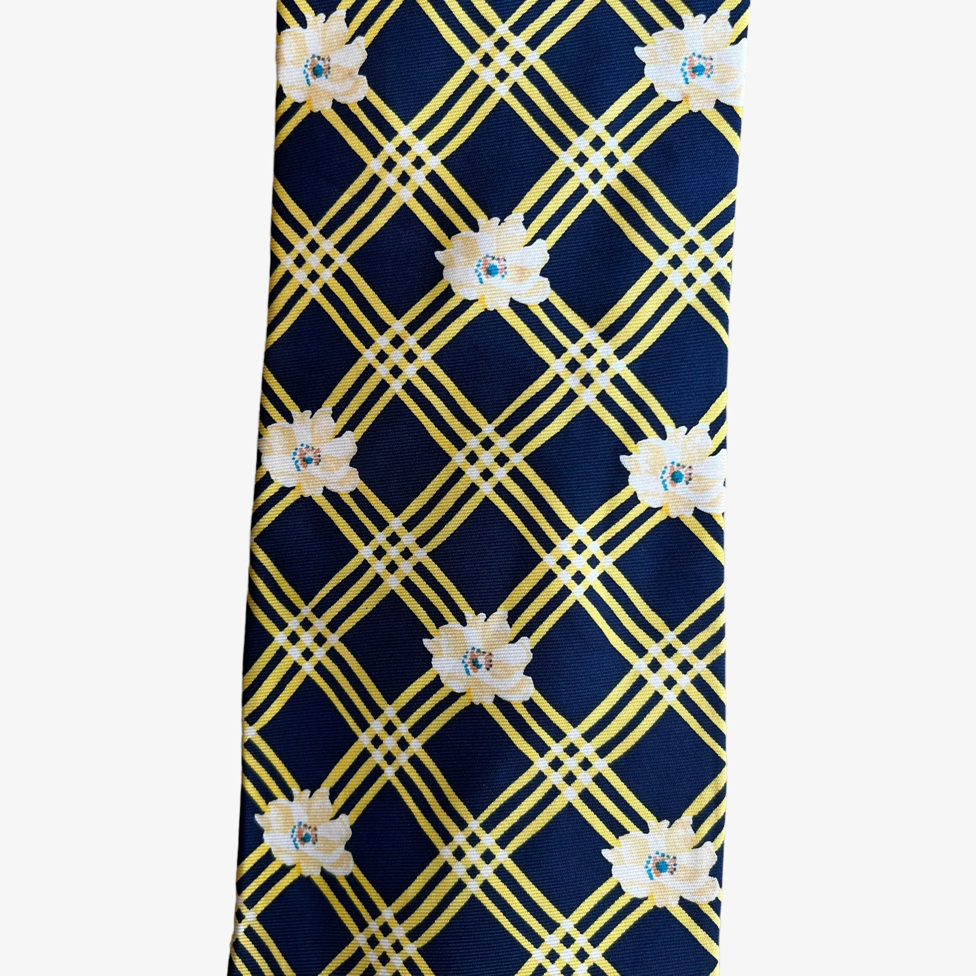 Vintage 80s Aquascutum Floral Print Yellow Striped Check Navy Silk Tie Pattern - Casspios Dream