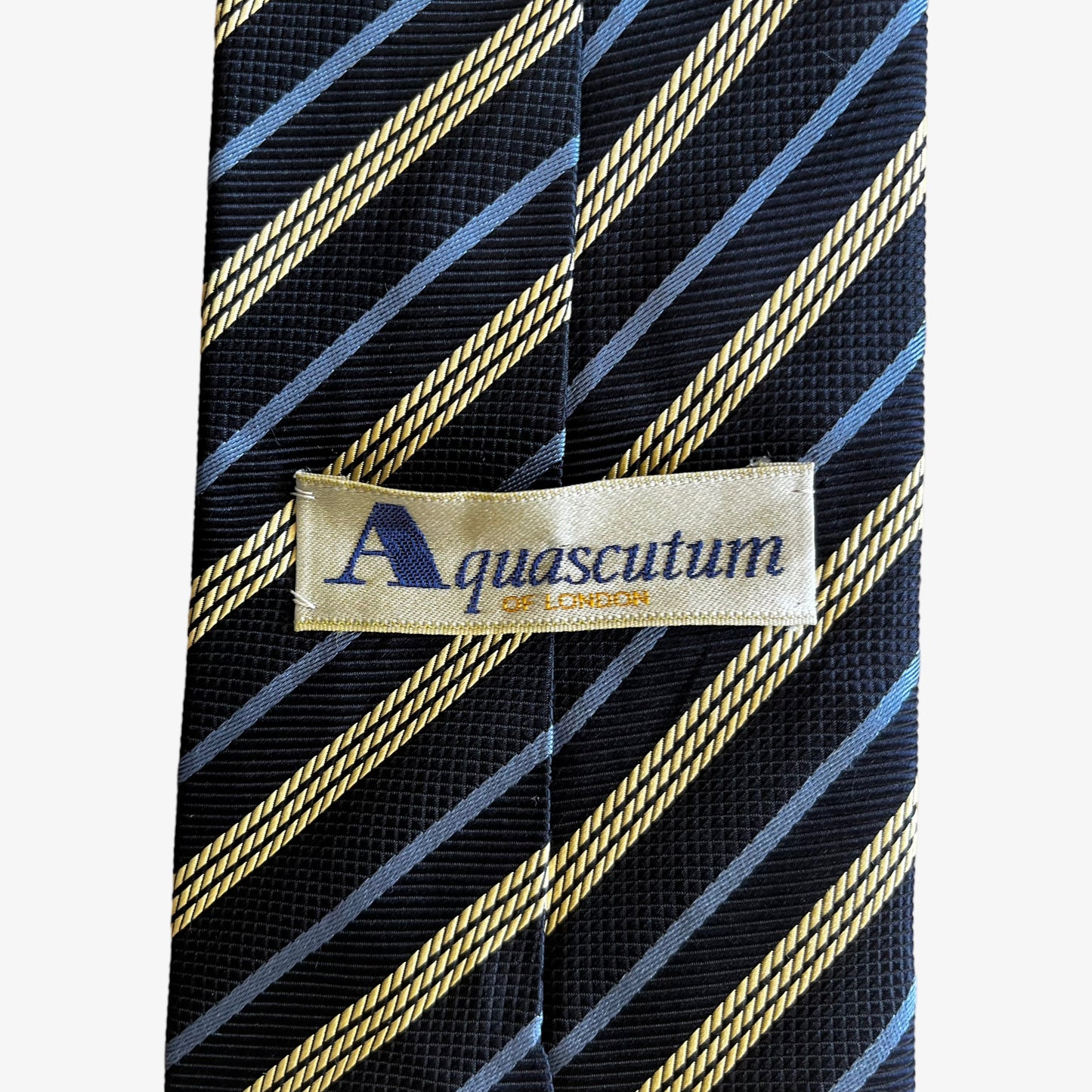 Vintage 80s Aquascutum Navy Blue Striped Silk Tie Label - Casspios Dream