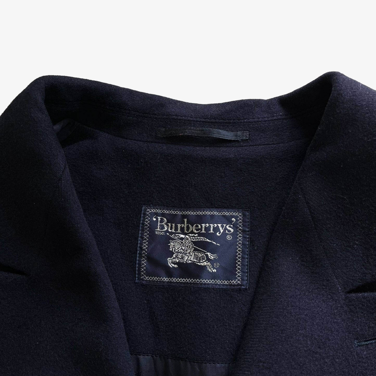 Vintage 80s Burberry Double Breasted Navy Wool Coat Label - Casspios Dream