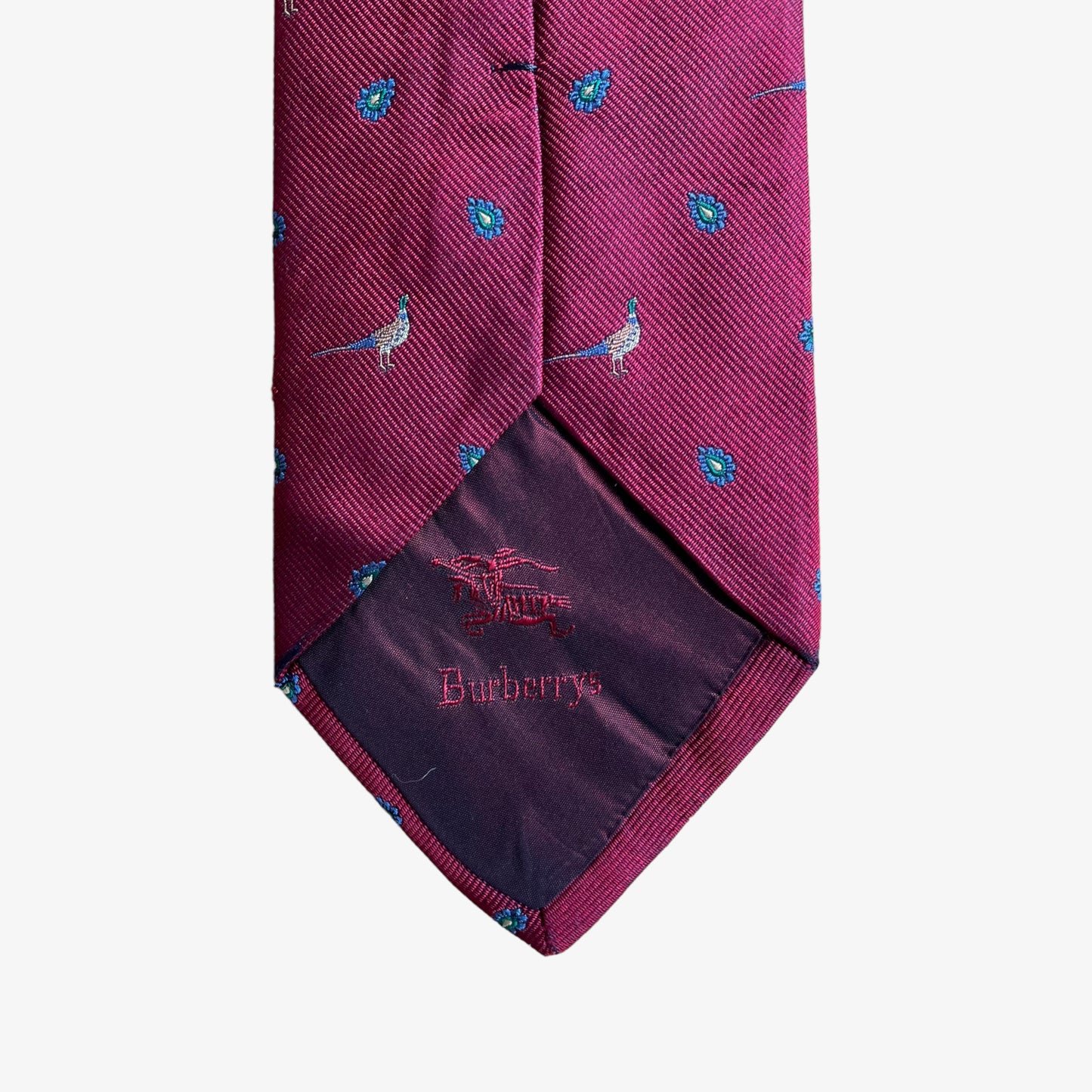 Vintage 80s Burberry London Pheasant Print Red Silk Tie Back - Casspios Dream