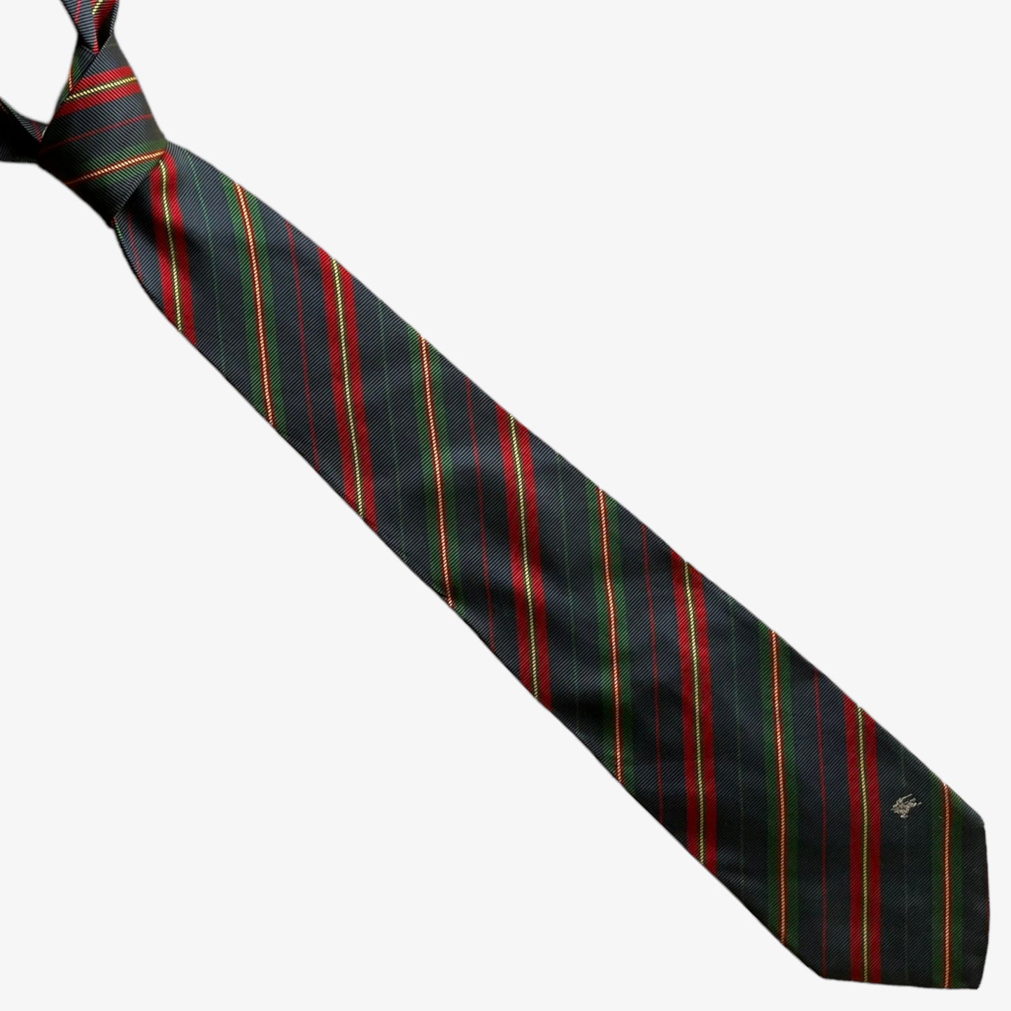 Vintage 80s Burberry Navy Red Green Striped Silk Tie - Casspios Dream