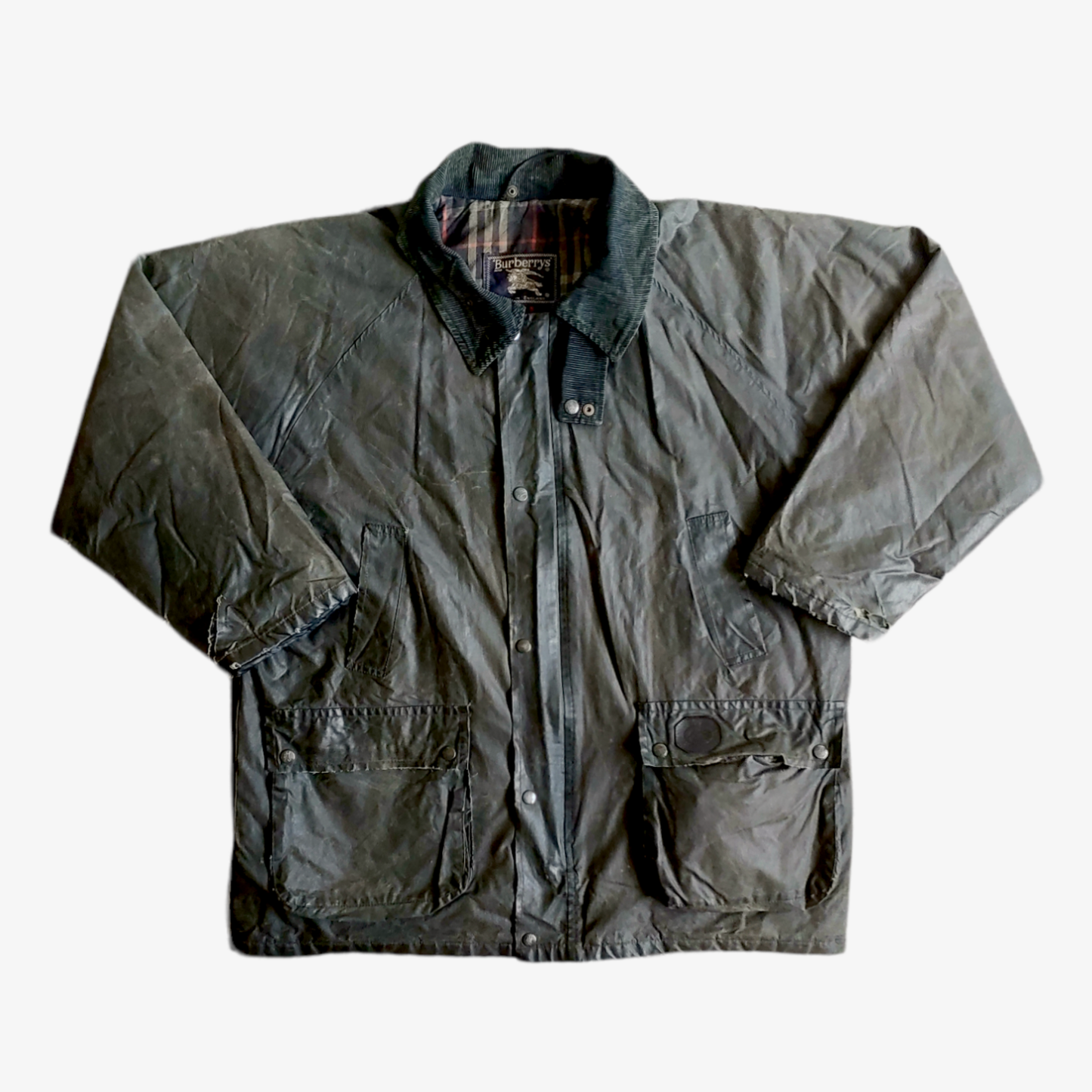 Vintage 80s Burberry Navy Waxed Jacket With Check Lining - Casspios Dream
