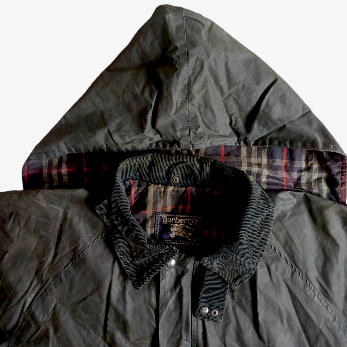 Vintage 80s Burberry Navy Waxed Jacket With Check Lining Hood - Casspios Dream
