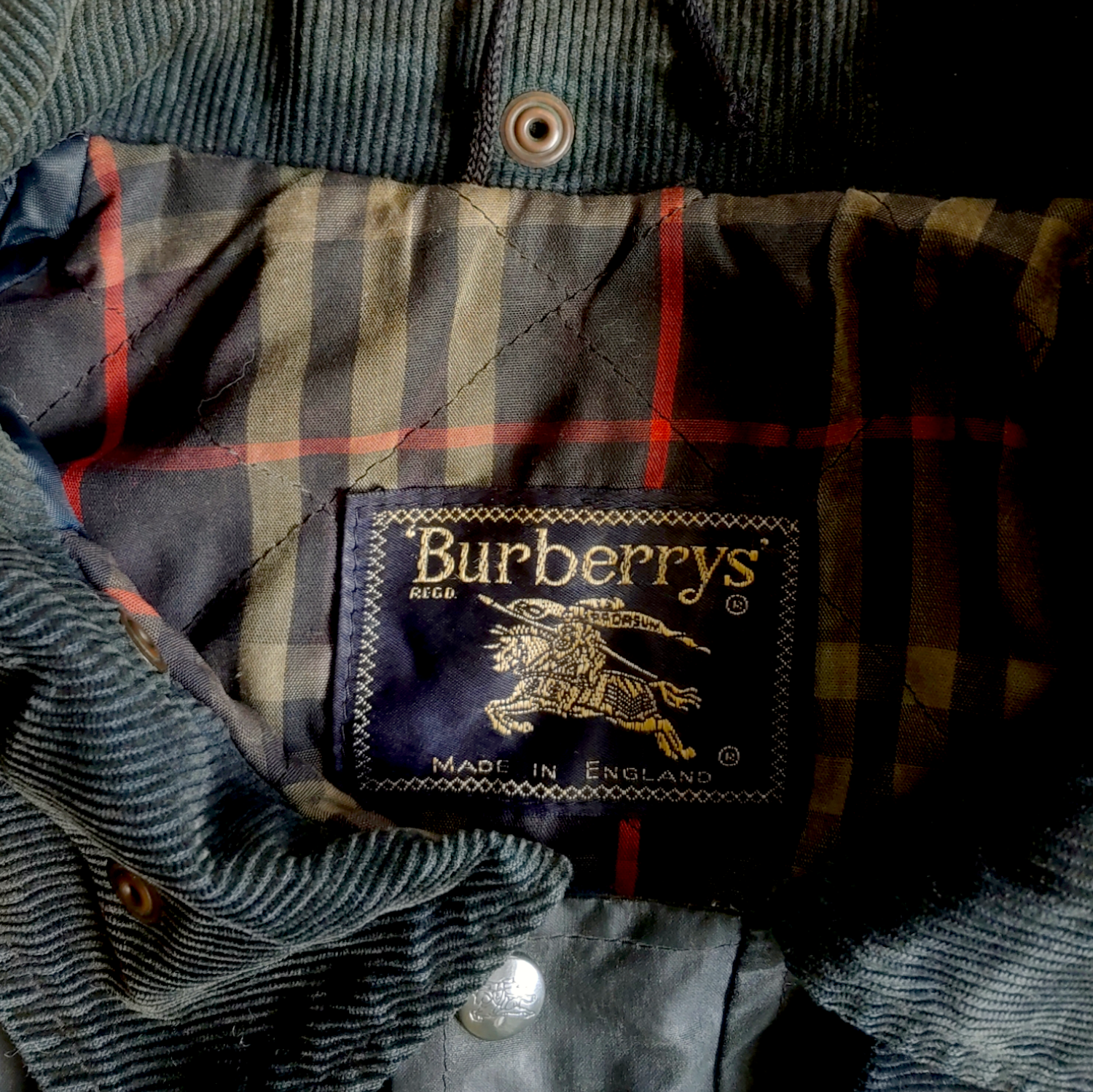 Vintage 80s Burberry Navy Waxed Jacket With Check Lining Label - Casspios Dream