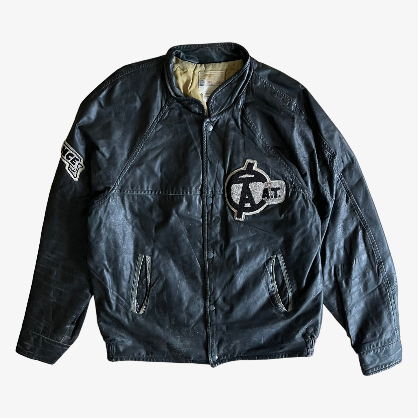 Vintage 80s CAT Finance Black Leather Varsity Jacket - Casspios Dream