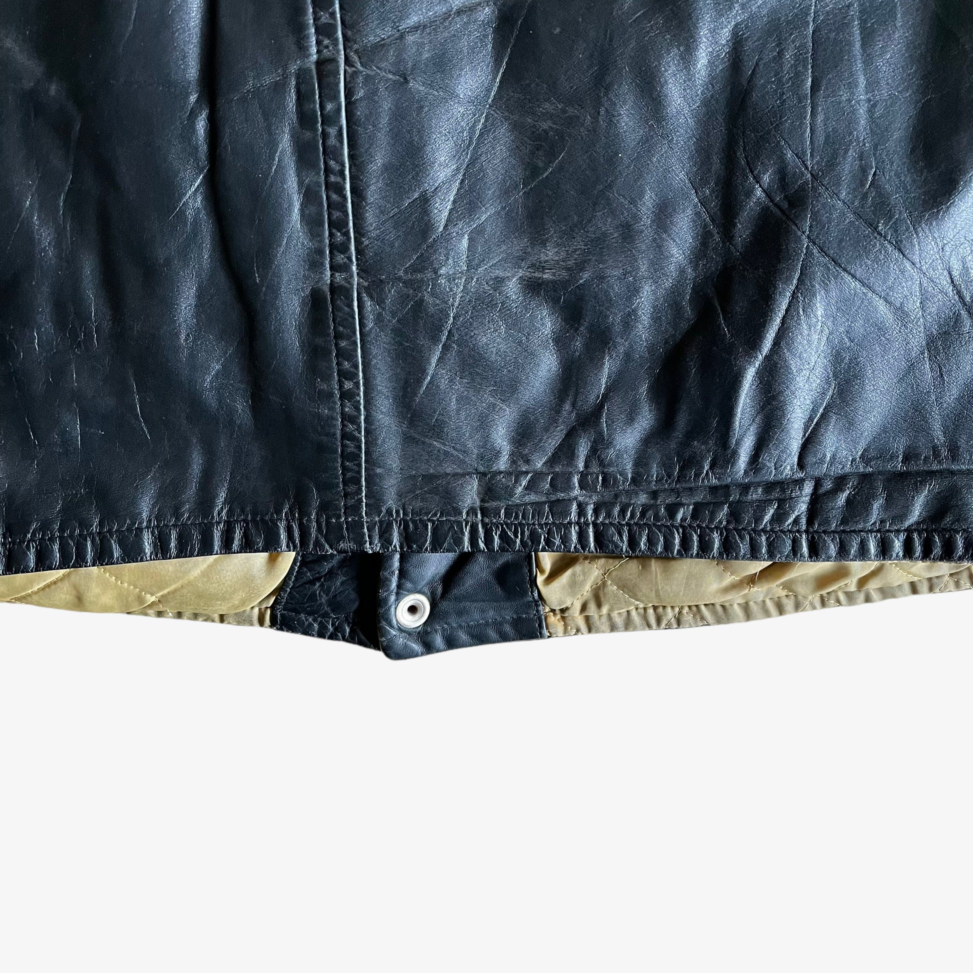 Vintage 80s CAT Finance Black Leather Varsity Jacket Back Hem - Casspios Dream