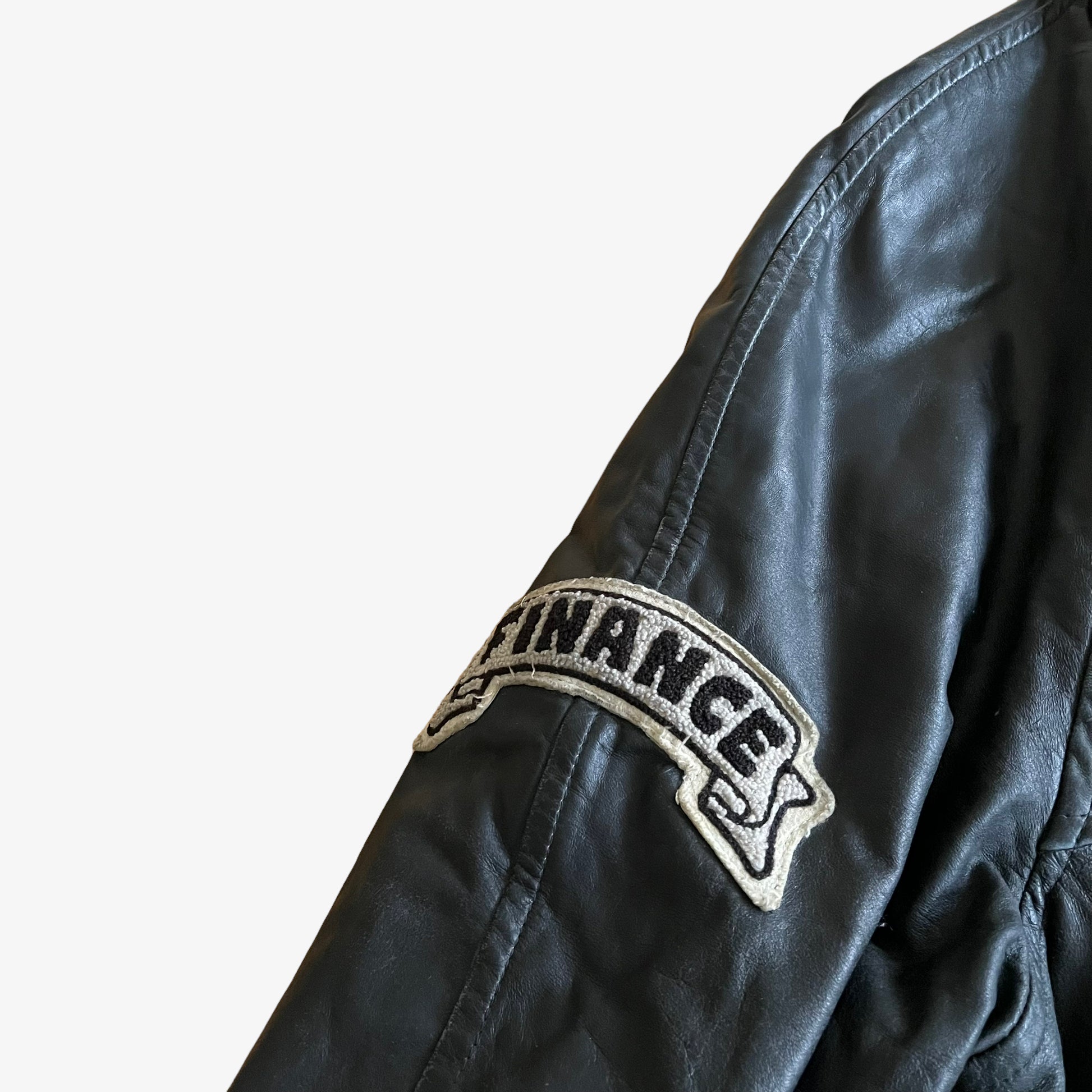 Vintage 80s CAT Finance Black Leather Varsity Jacket Badge - Casspios Dream
