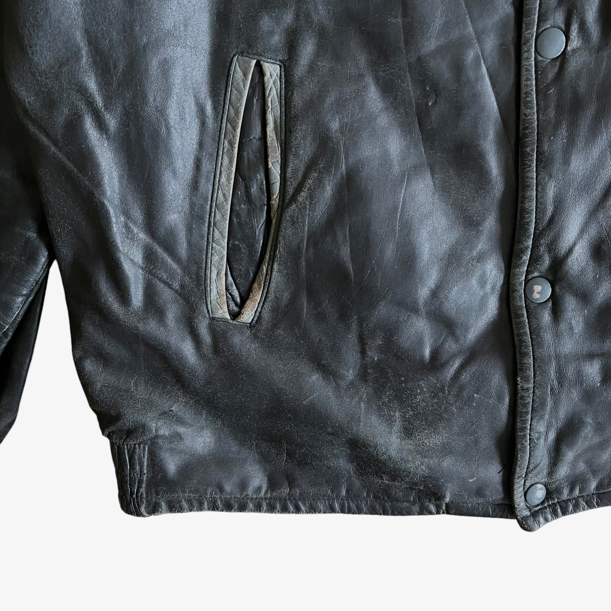 Vintage 80s CAT Finance Black Leather Varsity Jacket Pocket - Casspios Dream