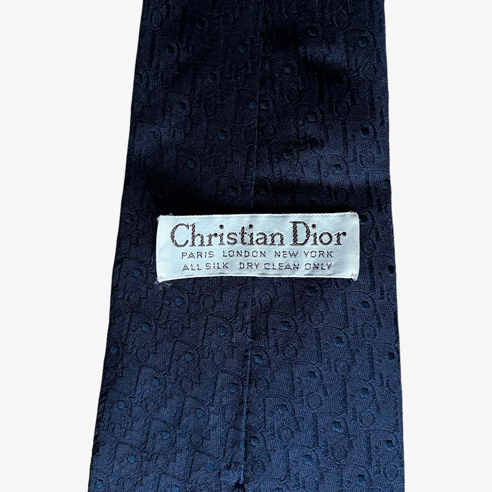 Vintage 80s Christian Dior Embossed Spell Out Silk Tie Label - Casspios Dream