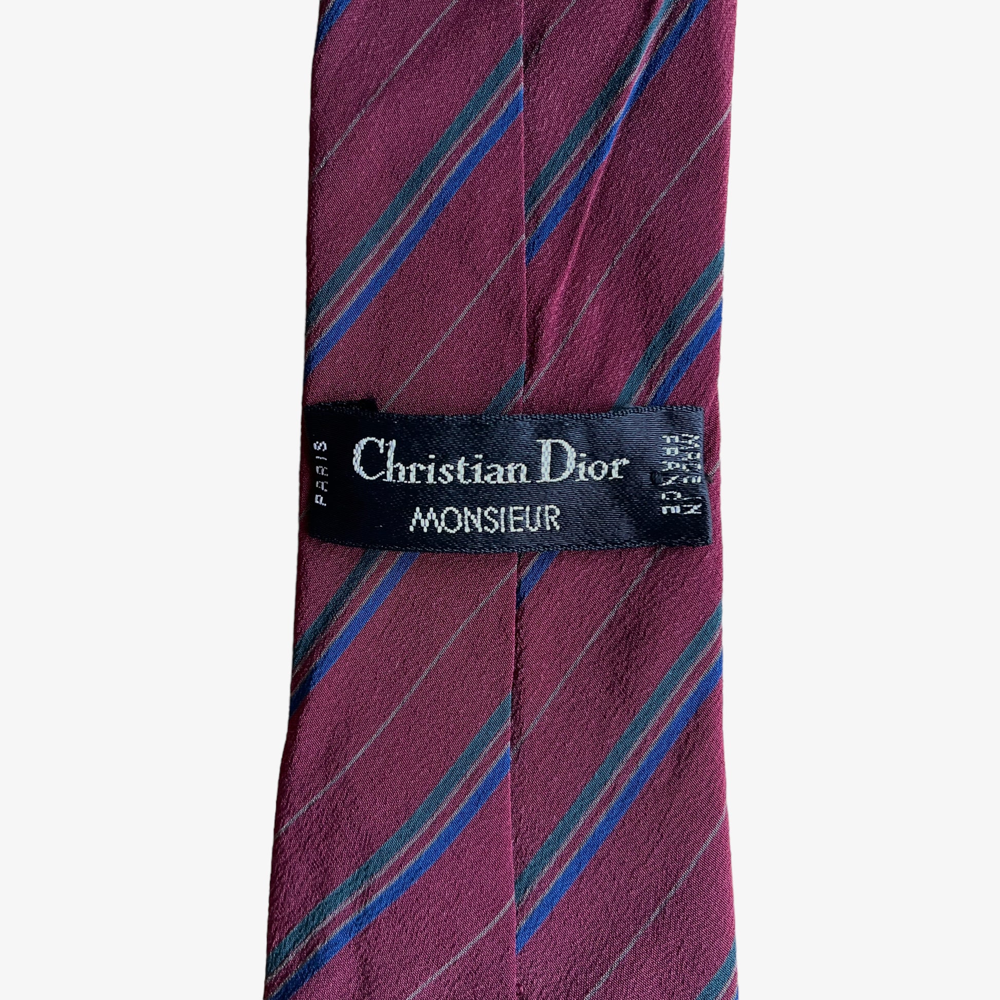 Vintage 80s Christian Dior Monsieur Red Striped Silk Tie Label - Casspios Dream
