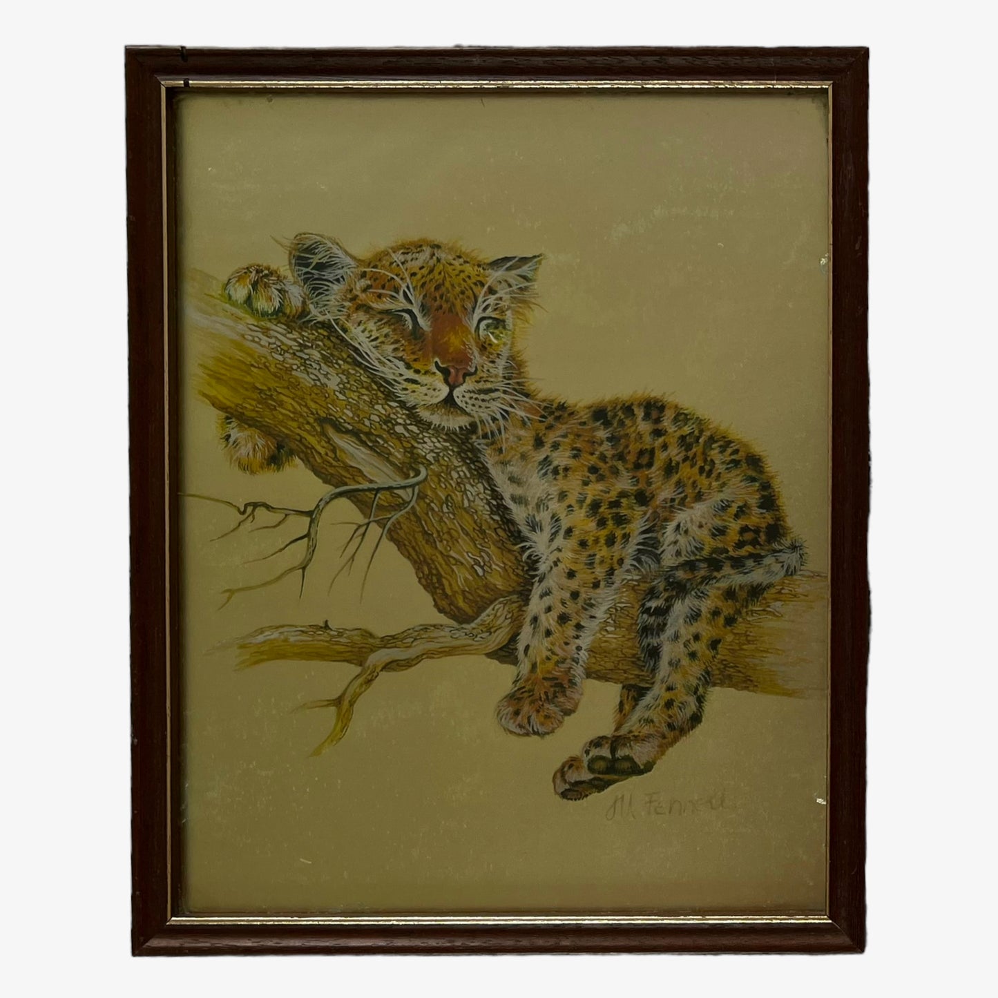 Vintage 80s Framed Leopard Cub Foil Art Etching By M. Fennell - Casspios Dream