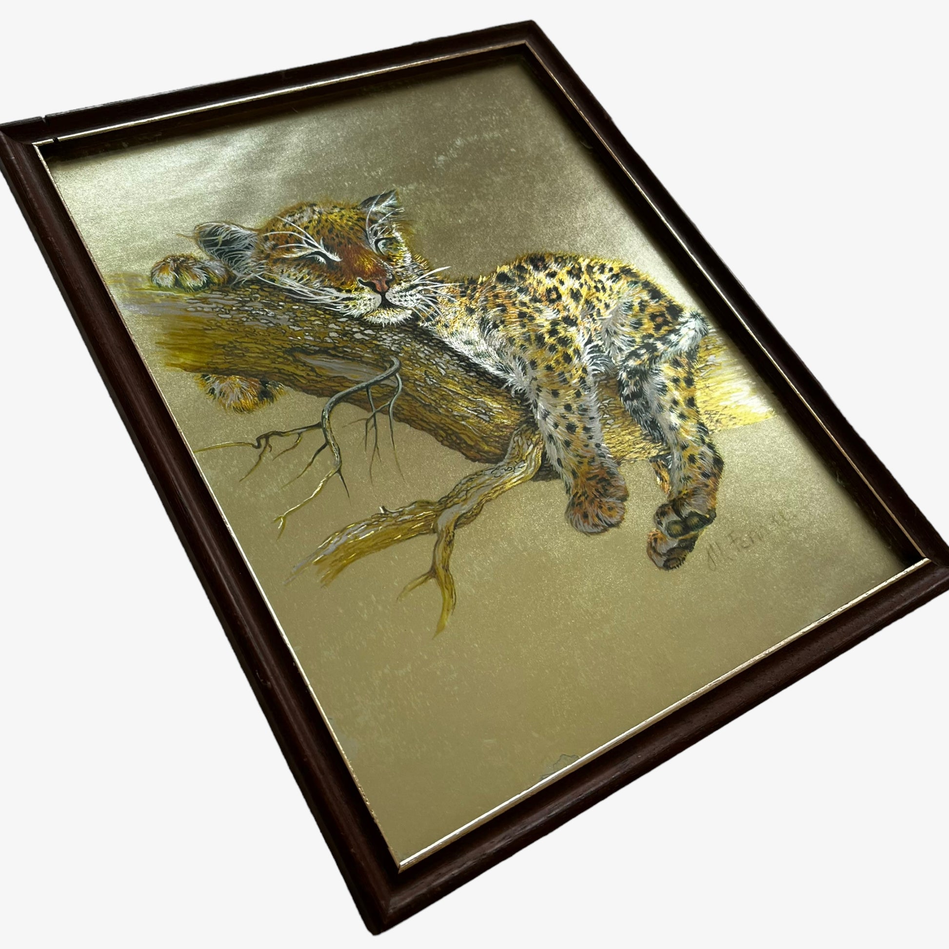 Vintage 80s Framed Leopard Cub Foil Art Etching By M. Fennell Bright - Casspios Dream