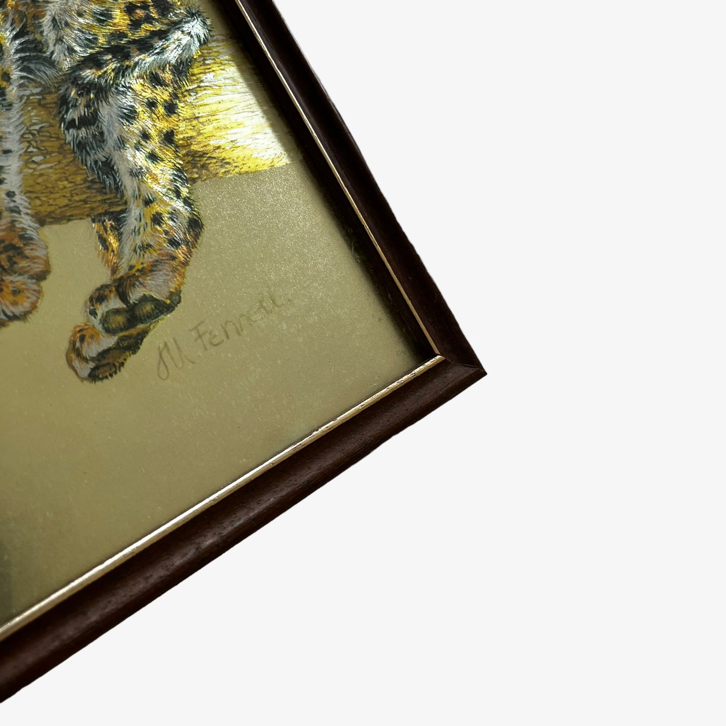 Vintage 80s Framed Leopard Cub Foil Art Etching By M. Fennell Signed - Casspios Dream