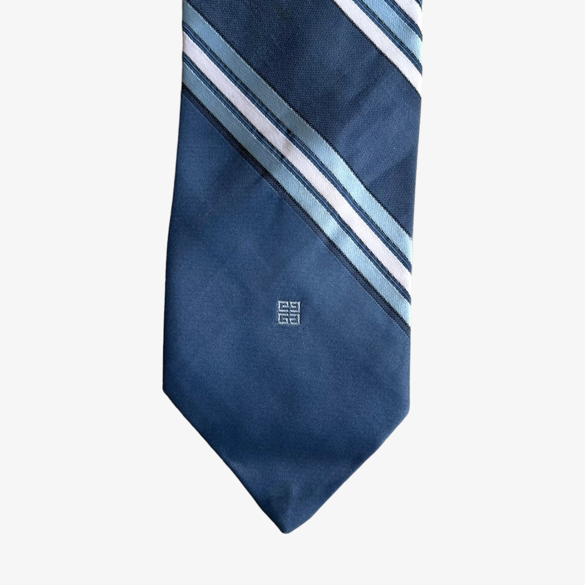 Vintage 80s Givenchy Gentleman Blue Striped Silk Tie Logo - Casspios Dream