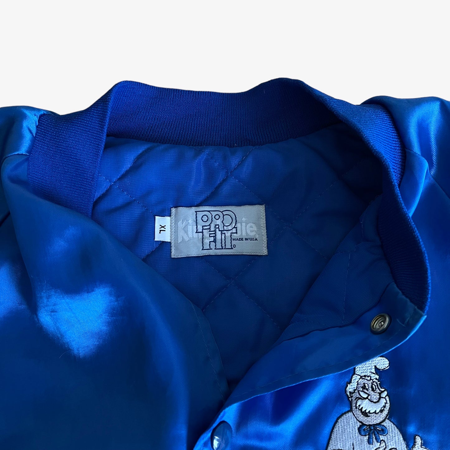 Vintage 80s King Louie Pro Fit Grampa Promotes Safety Awareness Blue Satin Jacket Label - Casspios Dream