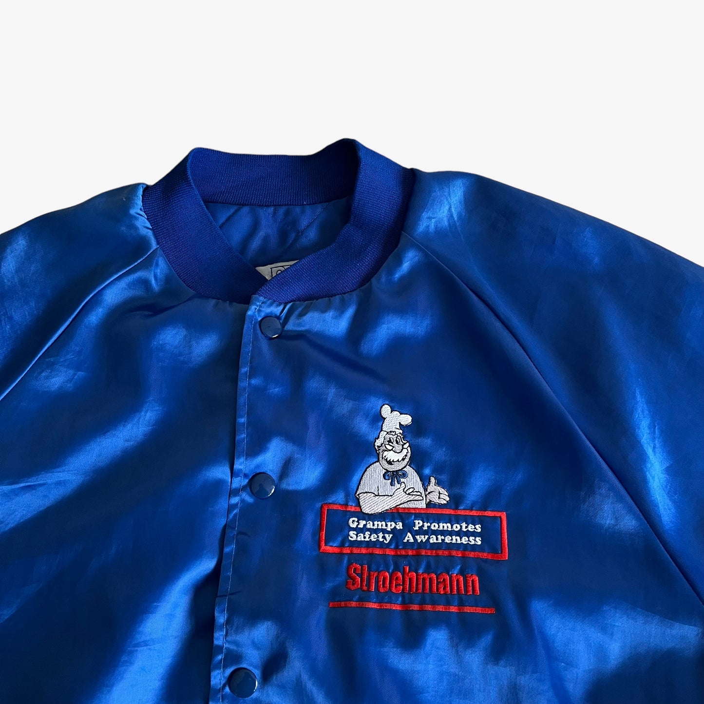 Vintage 80s King Louie Pro Fit Grampa Promotes Safety Awareness Blue Satin Jacket Logo - Casspios Dream