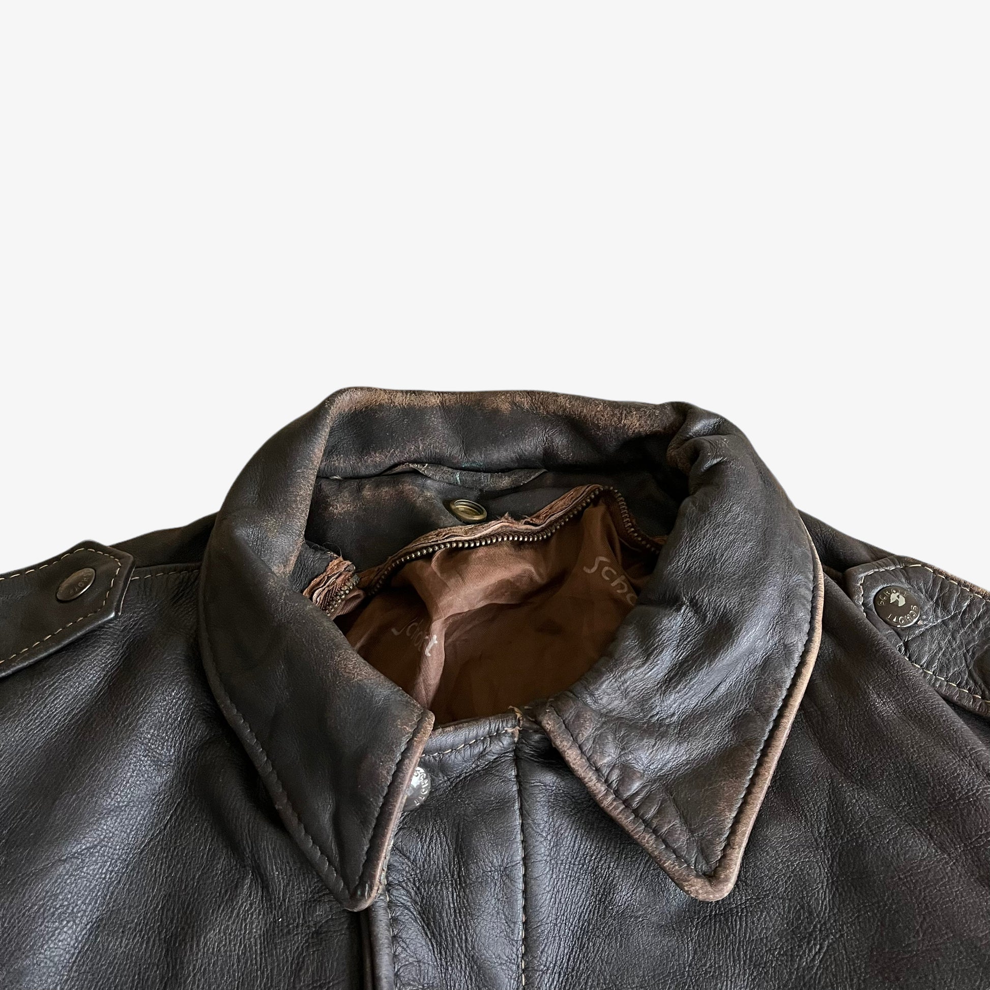 Vintage 80s Schott Dark Brown Leather Pilot Jacket Collar - Casspios Dream