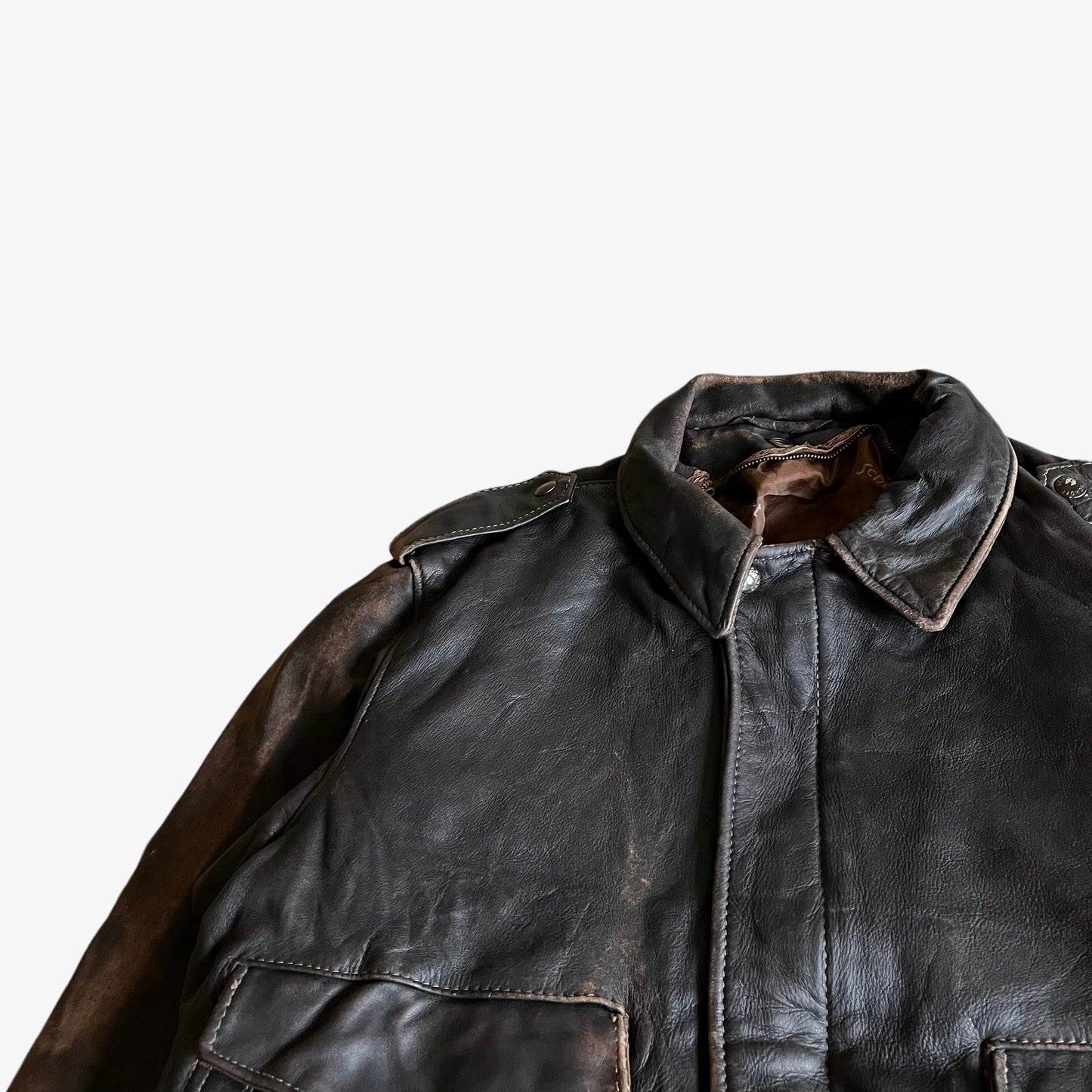 Vintage 80s Schott Dark Brown Leather Pilot Jacket Side - Casspios Dream