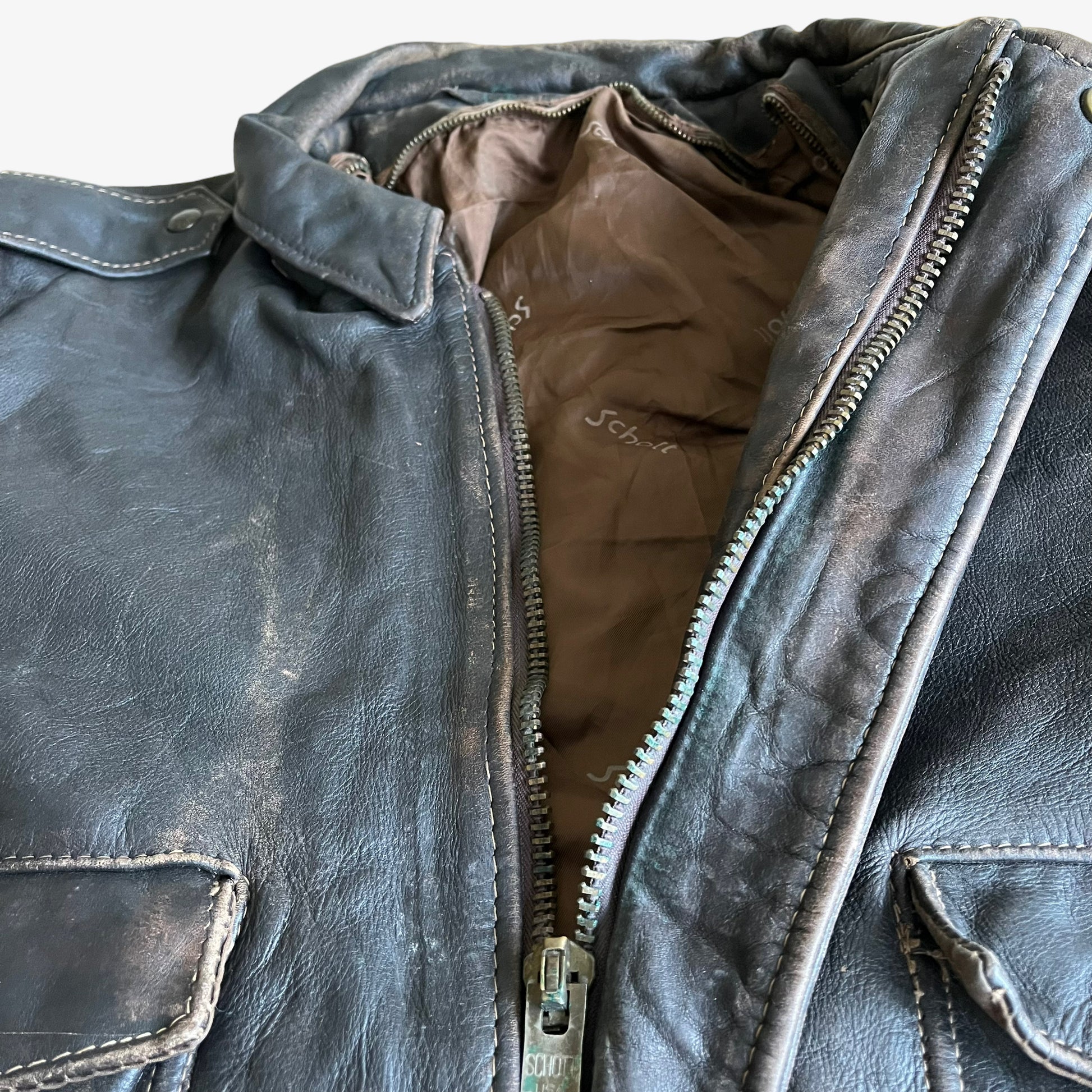 Vintage 80s Schott Dark Brown Leather Pilot Jacket Stiff - Casspios Dream