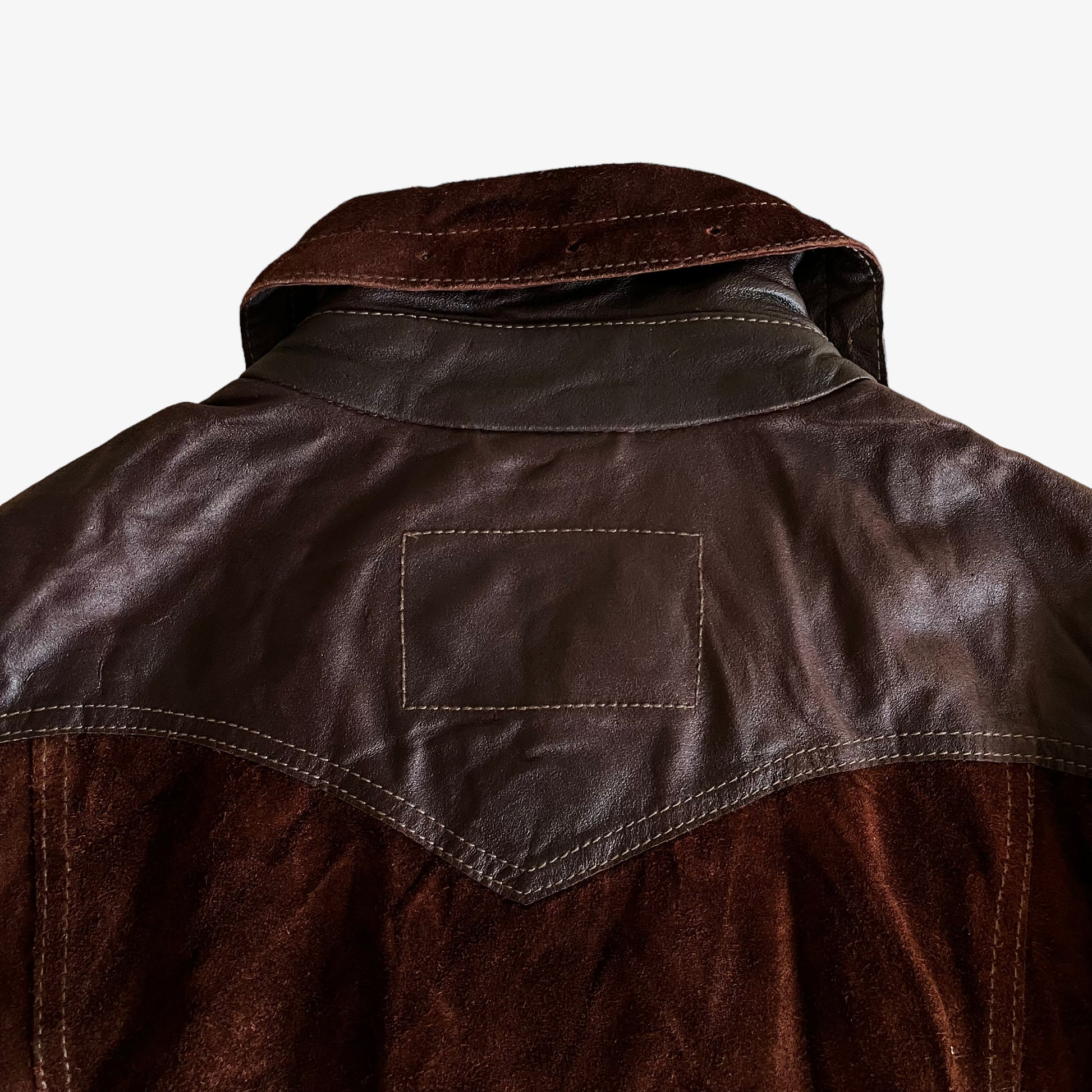 Vintage 80s Womens Armani Jeans Brown Leather Suede Coat Back Collar - Casspios Dream