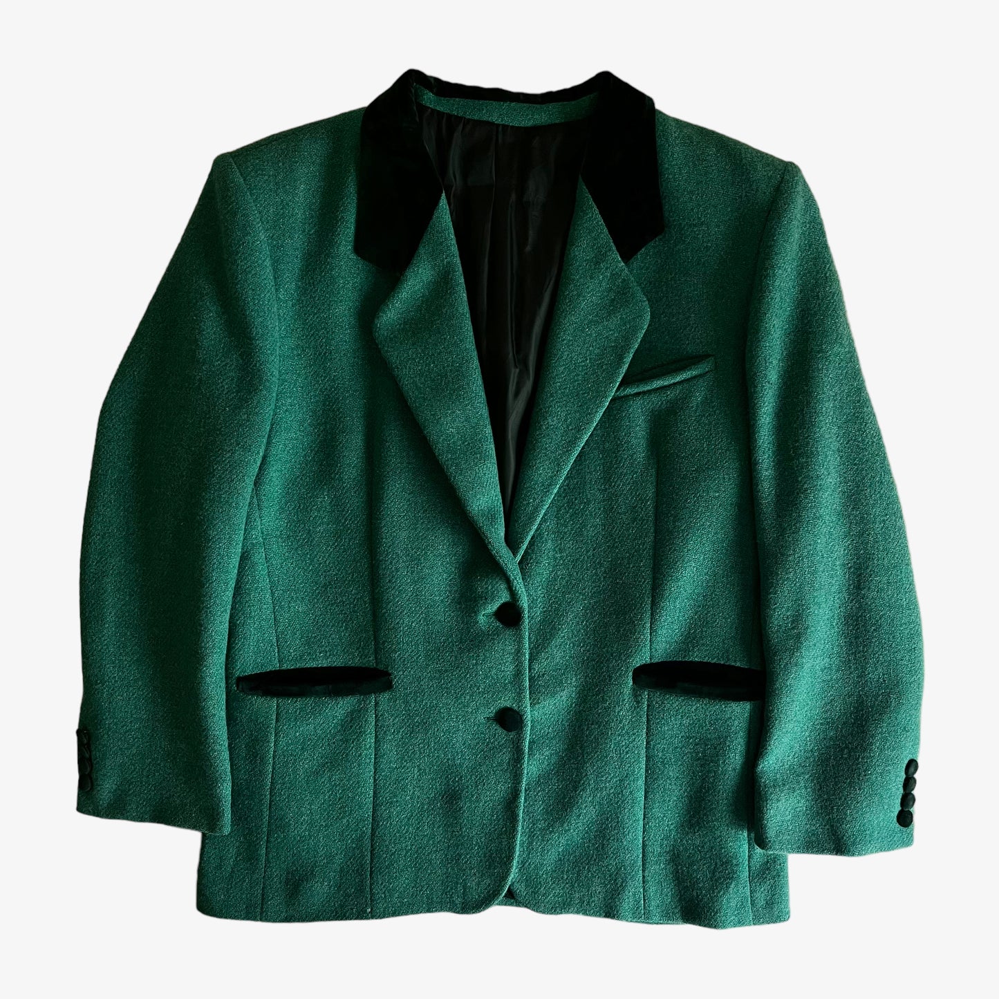 Vintage 80s Womens Oliver Grant Paris Green Harris Tweed Wool Blazer With Velvet Collar - Casspios Dream
