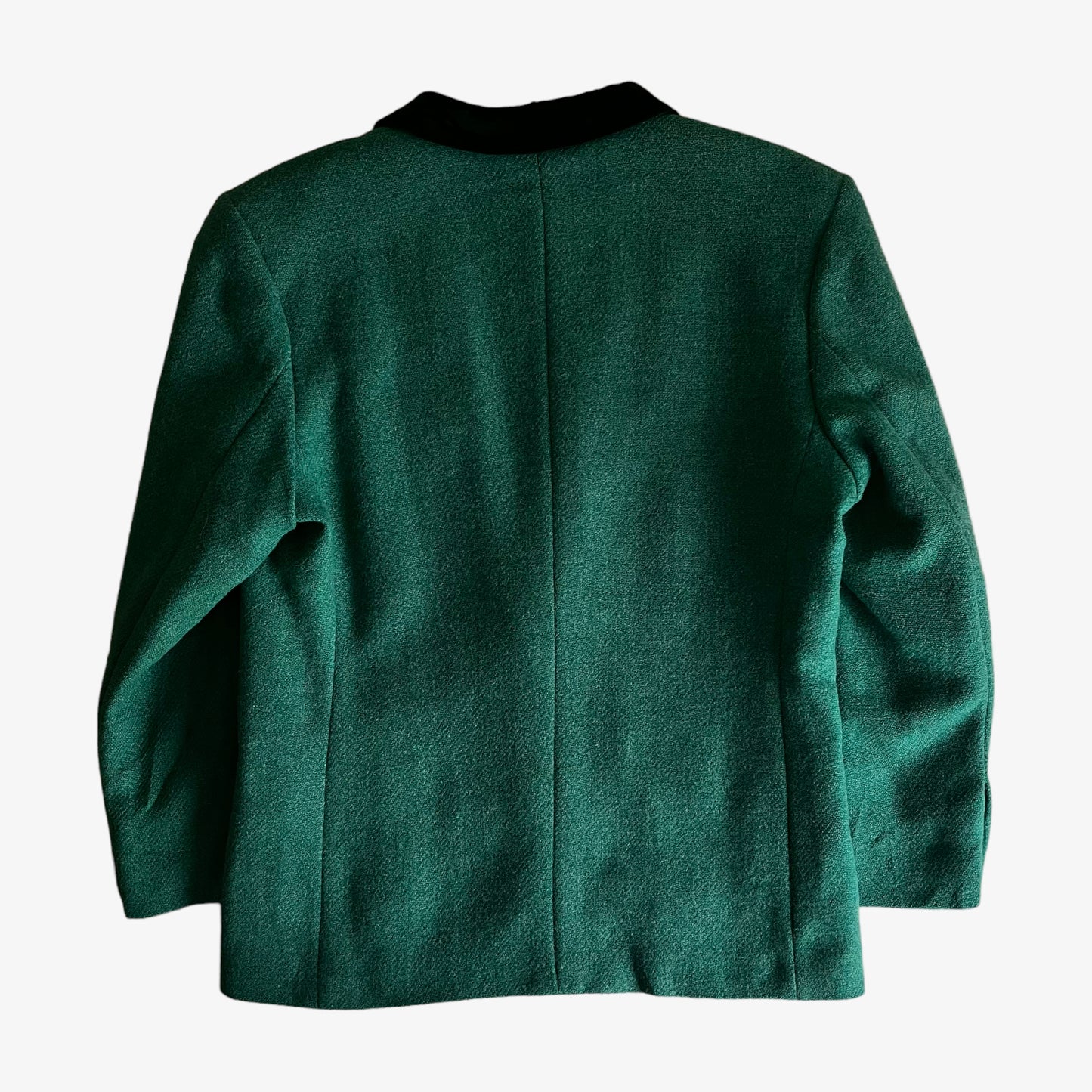Vintage 80s Womens Oliver Grant Paris Green Harris Tweed Wool Blazer With Velvet Collar Back - Casspios Dream
