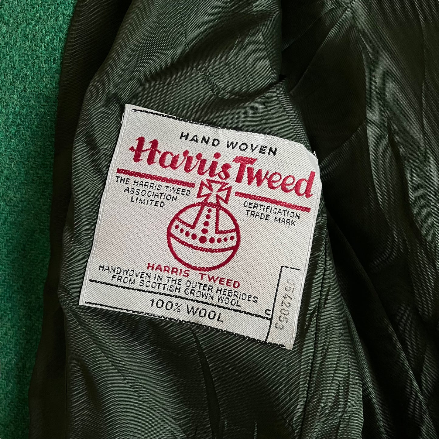Vintage 80s Womens Oliver Grant Paris Green Harris Tweed Wool Blazer With Velvet Collar Inside Label - Casspios Dream