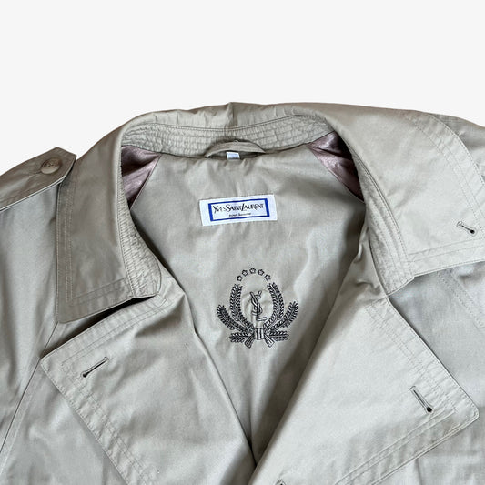 Vintage 80s Yves Saint Laurent YSL Double Breasted Trench Coat Logo - Casspios Dream
